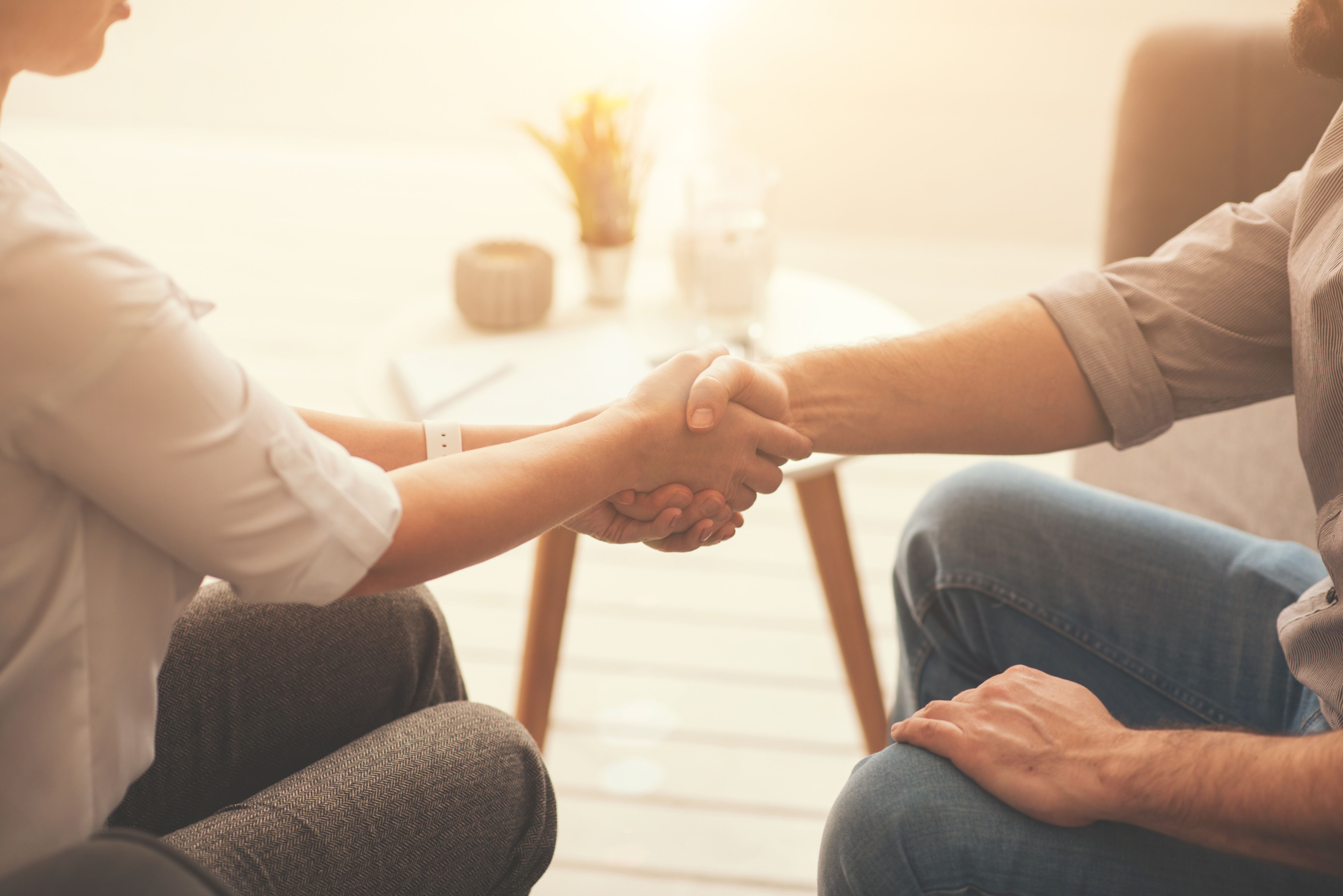 Pleasant nice people greeting each other, handshake between two people, cropped