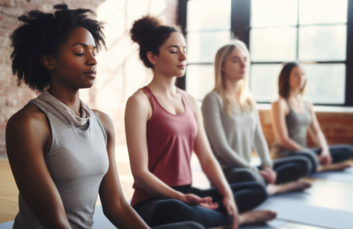 Several women meditating in a yoga class