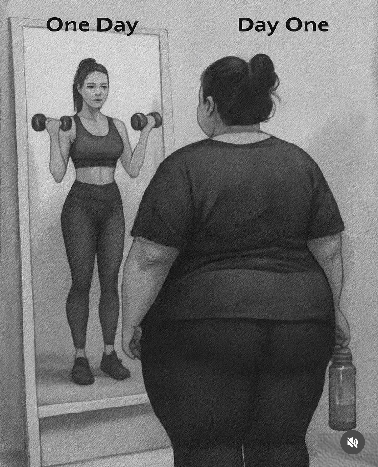 Inspirational fitness artwork showing an overweight woman looking into a mirror and seeing a fit version of herself lifting dumbbells, symbolizing the transformation from ‘Day One’ to ‘One Day.'