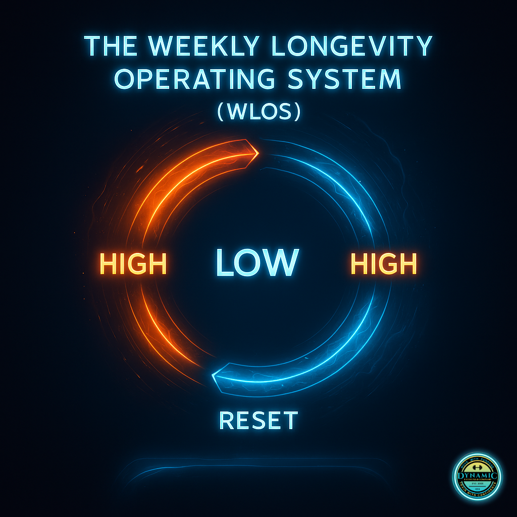 Futuristic circular diagram illustrating the Weekly Longevity Operating System (WLOS), showing a repeating cycle of High → Low → High → Reset. The graphic uses glowing blue and orange arcs to represent energy flow and capacity cycling for high-performers. Dynamic Fitness & Company branding included.