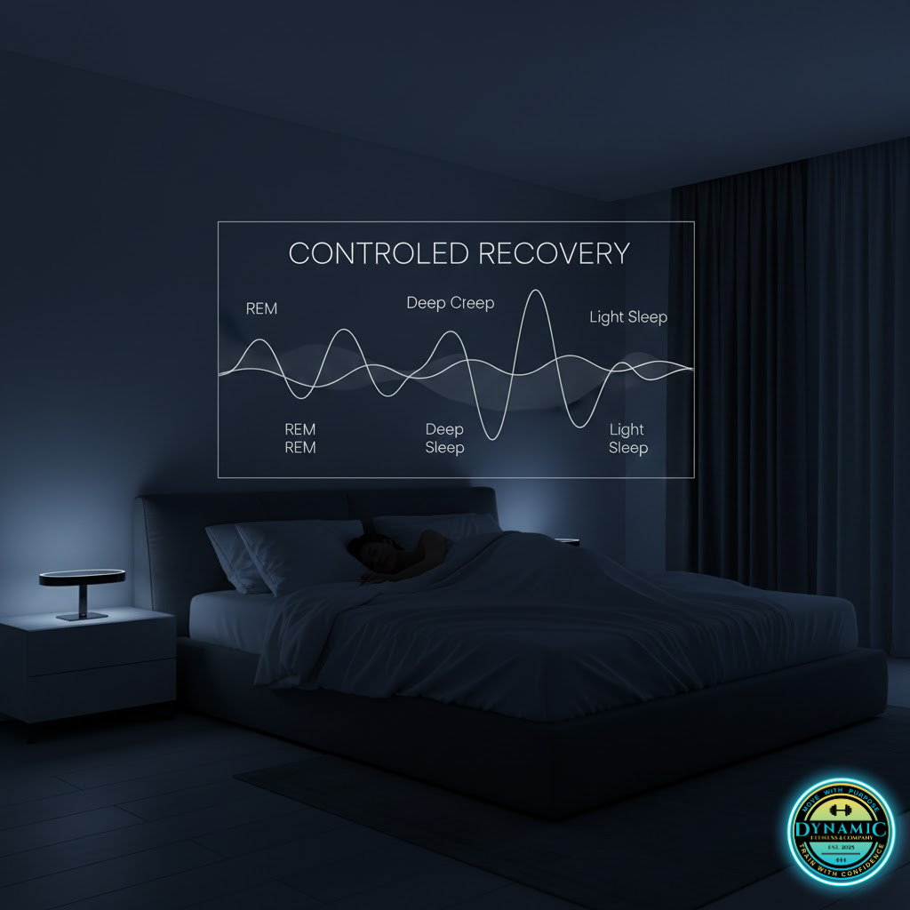 Sleep environment with visual sleep cycle graphs for REM, deep sleep, and light sleep, demonstrating the role of structured recovery and nervous system balance in long-term performance. Sleep environment with visual sleep cycle graphs for REM, deep sleep, and light sleep, demonstrating the role of structured recovery and nervous system balance in long-term performance.