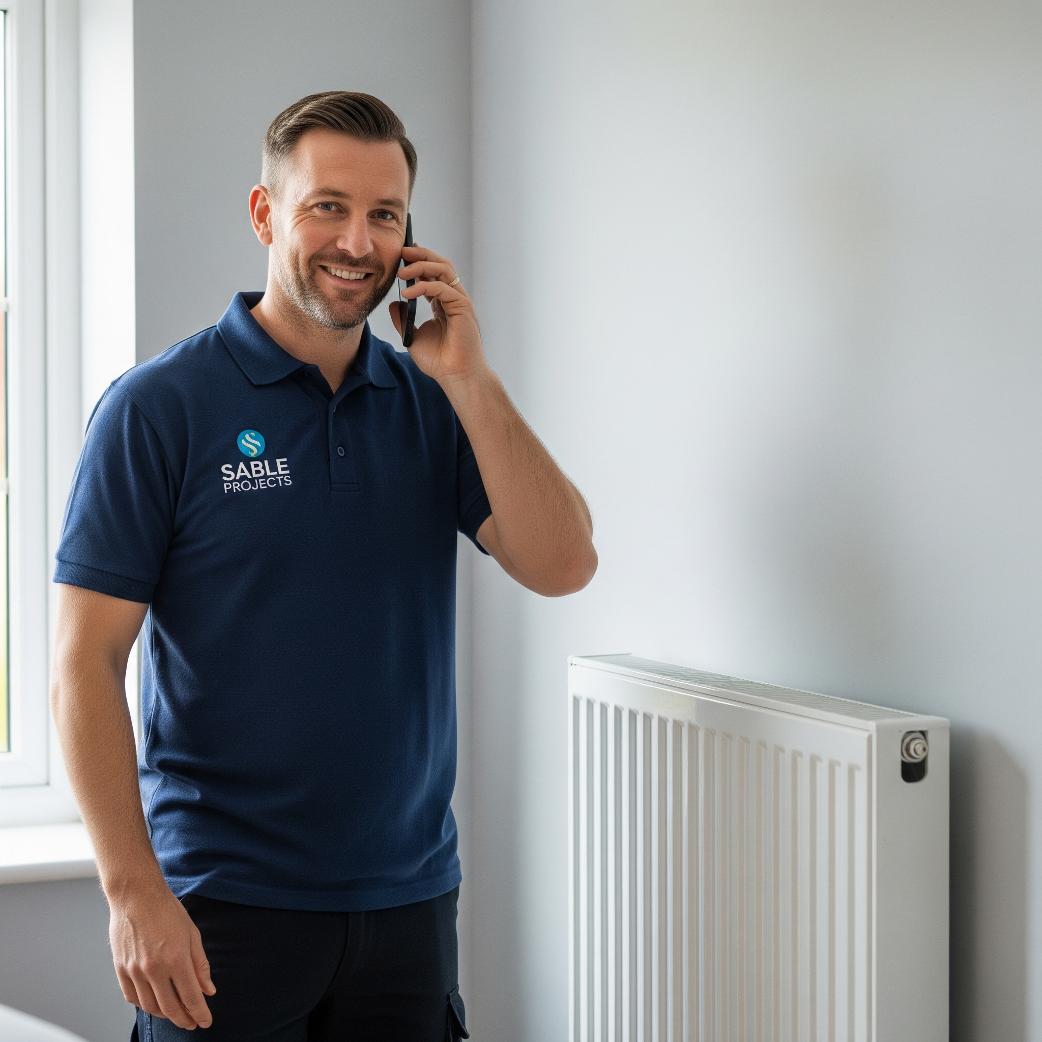 Sable Projects engineer providing client updates beside newly installed radiator