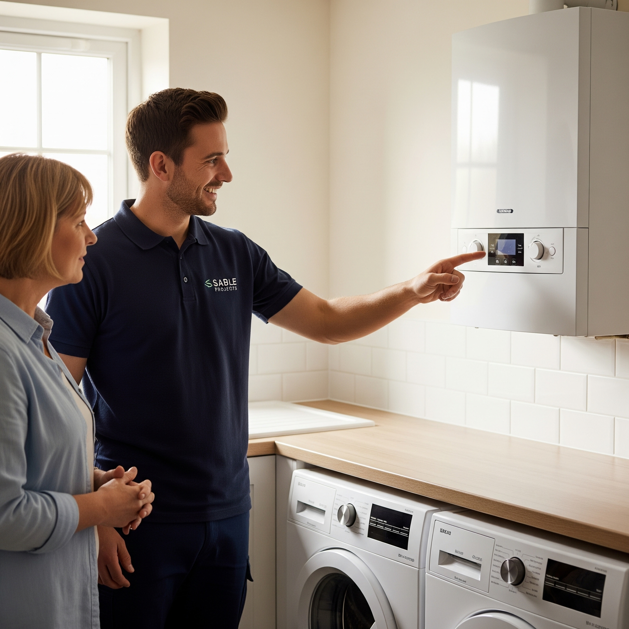 Sable Projects engineer explaining boiler system controls to UK homeowner