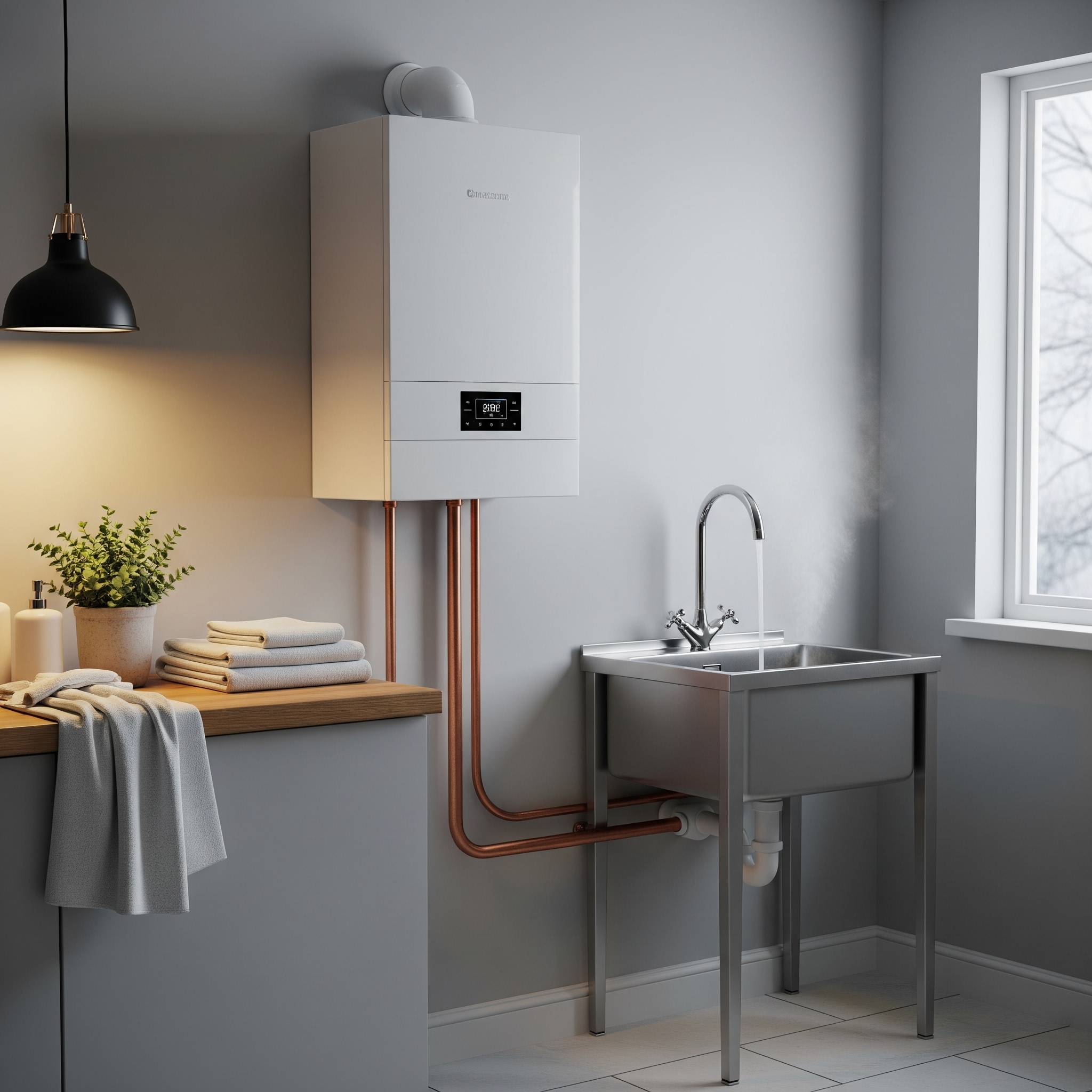 Modern combi boiler heating water in a UK home, ready for winter use