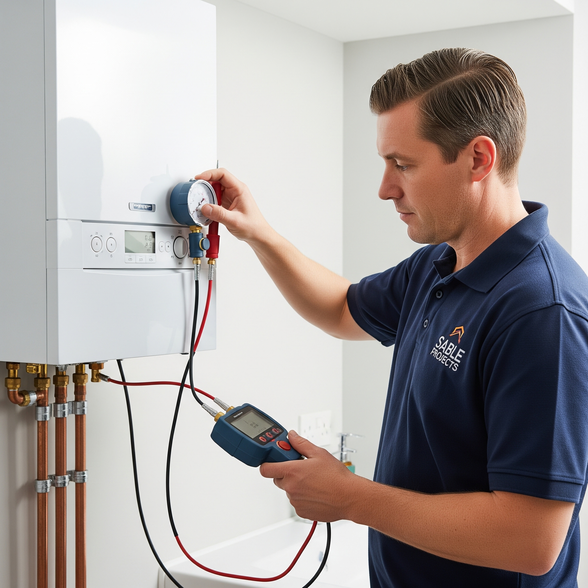 Sable Projects engineer testing a combi boiler for winter readiness