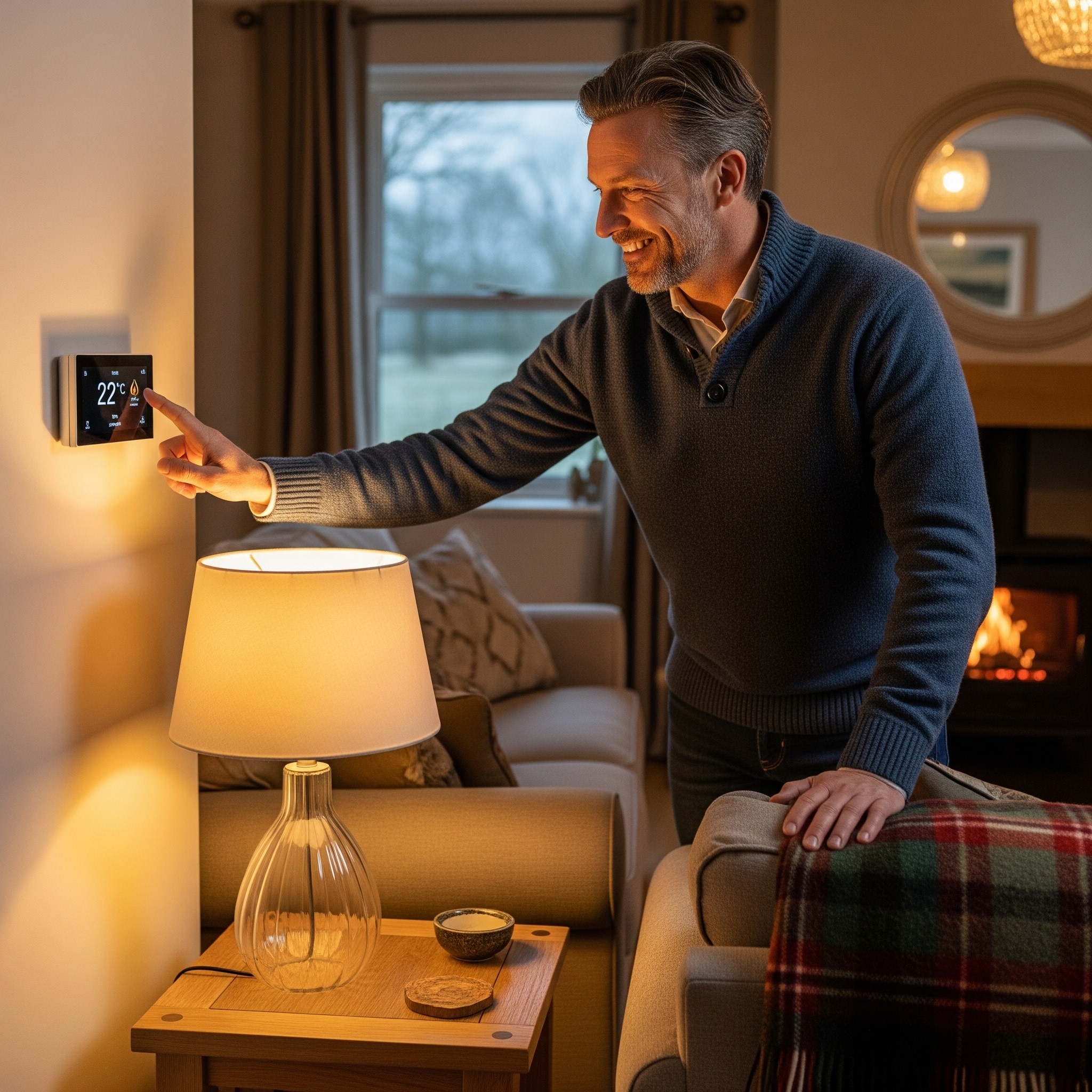UK homeowner adjusting thermostat in a warm living room during winter.