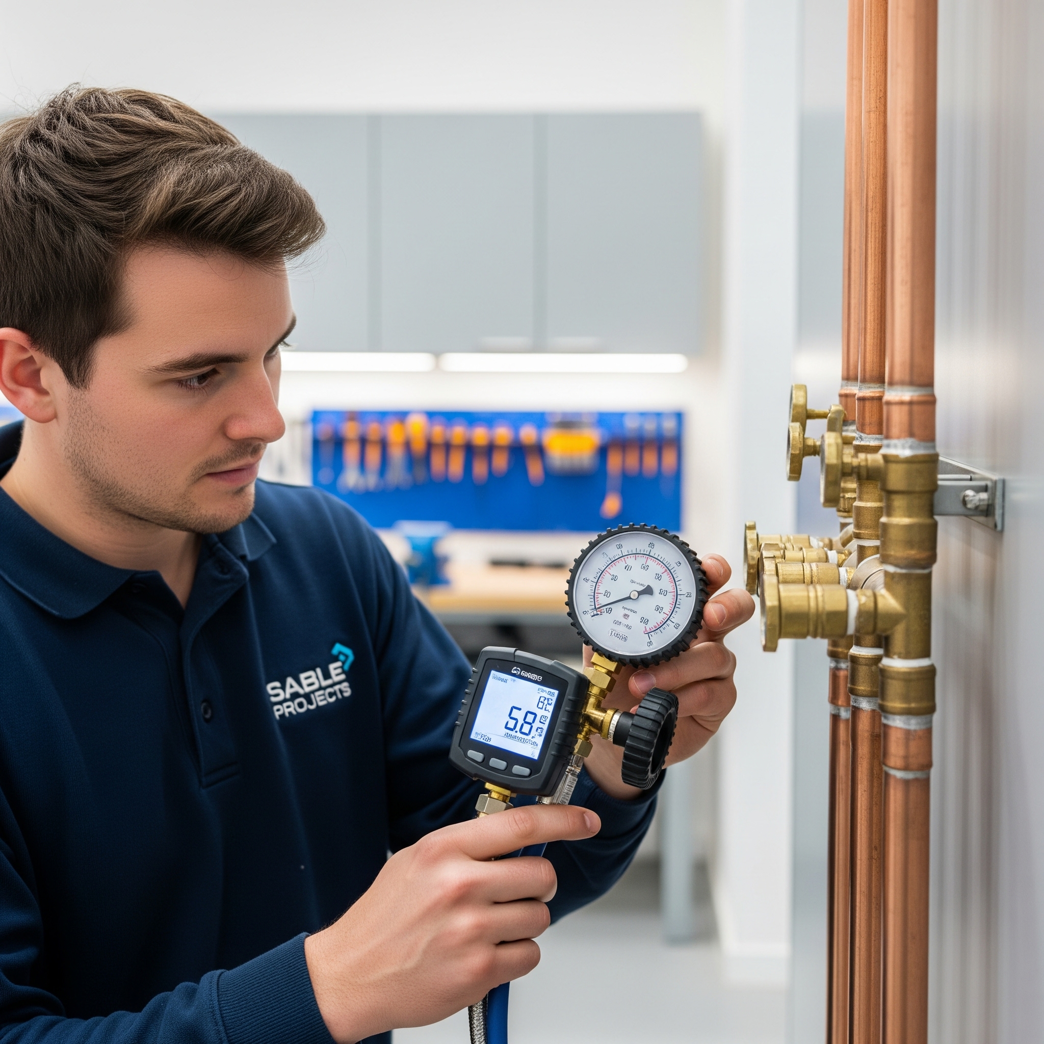 Engineer testing plumbing pipework pressure during installation