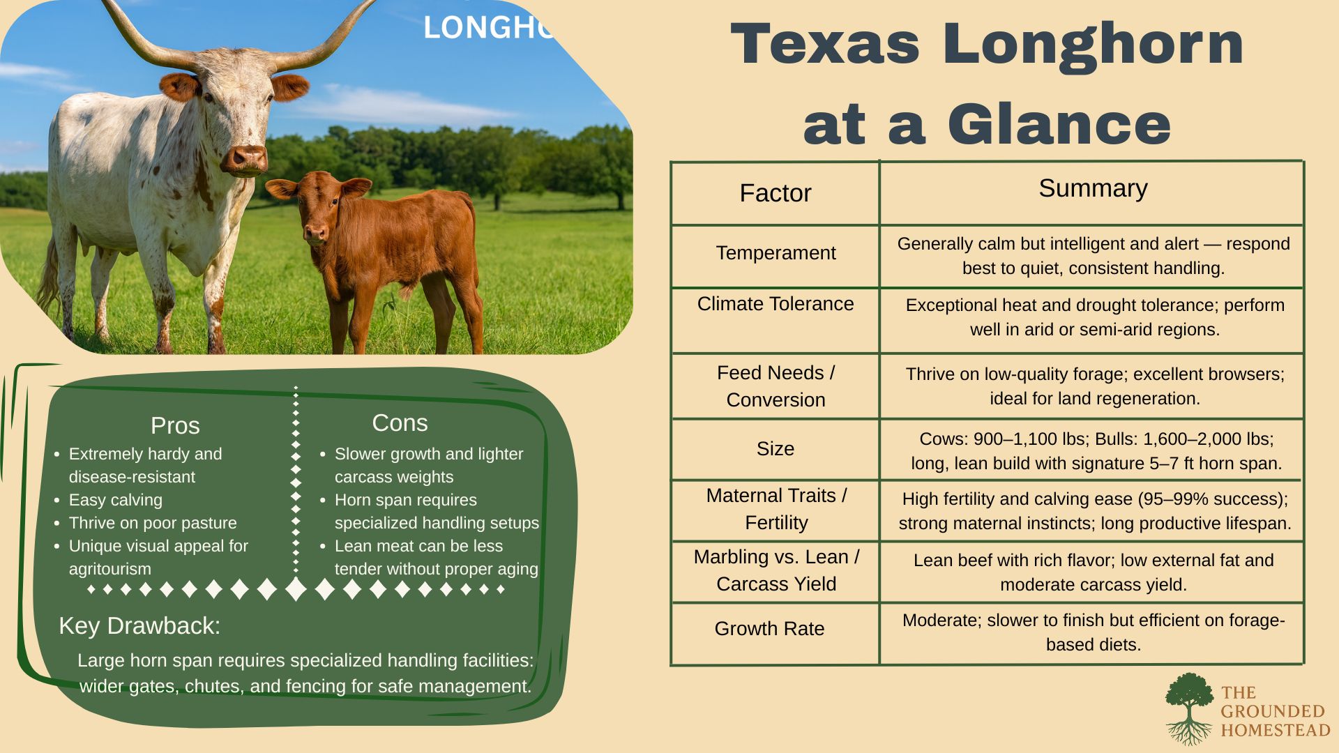 A beige and green infographic titled “Texas Longhorn at a Glance” features a Texas Longhorn cow with her calf standing in a sunny green pasture under a blue sky. The cow’s long, curved horns frame the composition. To the right, a table summarizes key traits: calm yet alert temperament, exceptional heat and drought tolerance, ability to thrive on low-quality forage, moderate size (cows 900–1,100 lbs; bulls 1,600–2,000 lbs), high fertility and easy calving, lean beef with rich flavor, and moderate growth rate on forage-based diets. The left panel lists Pros—hardy and disease-resistant, easy calving, thrives on poor pasture, appealing for agritourism—and Cons—slower growth, lighter carcass weights, horns requiring special handling setups, leaner meat texture. The Key Drawback states: large horn span requires specialized handling facilities with wider gates, chutes, and fencing for safety. The Grounded Homestead logo appears in the lower right corner. A beige and green infographic titled “Texas Longhorn at a Glance” features a Texas Longhorn cow with her calf standing in a sunny green pasture under a blue sky. The cow’s long, curved horns frame the composition. To the right, a table summarizes key traits: calm yet alert temperament, exceptional heat and drought tolerance, ability to thrive on low-quality forage, moderate size (cows 900–1,100 lbs; bulls 1,600–2,000 lbs), high fertility and easy calving, lean beef with rich flavor, and moderate growth rate on forage-based diets. The left panel lists Pros—hardy and disease-resistant, easy calving, thrives on poor pasture, appealing for agritourism—and Cons—slower growth, lighter carcass weights, horns requiring special handling setups, leaner meat texture. The Key Drawback states: large horn span requires specialized handling facilities with wider gates, chutes, and fencing for safety. The Grounded Homestead logo appears in the lower right corner.