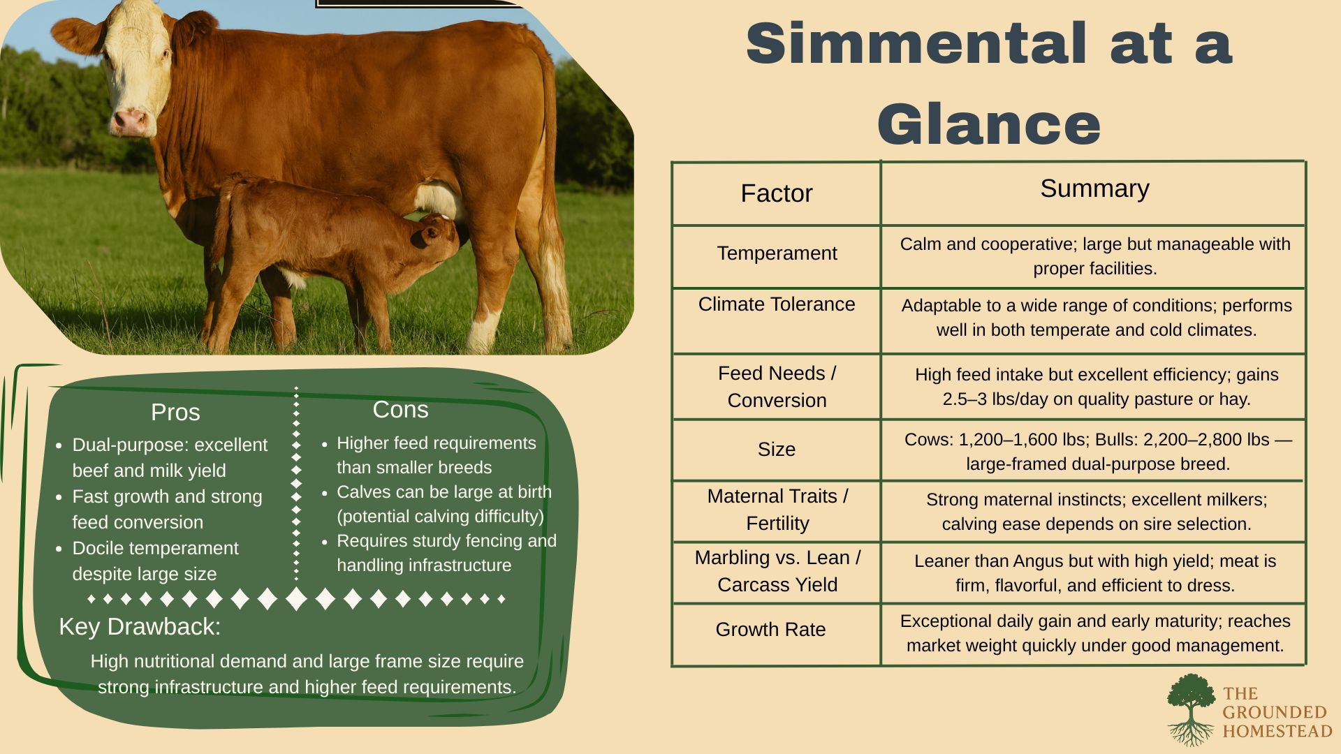 An educational infographic titled “Simmental at a Glance” provides a visual summary of the Simmental cattle breed. The image shows a red-and-white Simmental cow standing in a green pasture nursing her calf under bright sunlight, with a warm tan and green color palette matching The Grounded Homestead’s brand style. On the left, a green box lists Pros such as “Dual-purpose: excellent beef and milk yield,” “Fast growth and strong feed conversion,” “Docile temperament despite large size,” and Cons like “Higher feed requirements,” “Large birth weights (potential calving difficulty),” and “Requires sturdy fencing.” The Key Drawback highlights: “High nutritional demand and large frame size require strong infrastructure and higher feed requirements.” On the right, a table outlines seven key factors and summaries: Temperament: Calm and cooperative; large but manageable with proper facilities. Climate Tolerance: Adaptable across temperate and cold climates. Feed Needs / Conversion: High intake but excellent efficiency, gaining 2.5–3 lbs/day. Size: Cows 1,200–1,600 lbs; bulls 2,200–2,800 lbs — large dual-purpose frame. Maternal Traits / Fertility: Excellent milkers with strong instincts; calving ease varies. Marbling vs. Lean / Carcass Yield: Leaner than Angus but flavorful and high-yielding. Growth Rate: Fast daily gain and early maturity, reaching market weight quickly. The Grounded Homestead logo appears in the bottom-right corner, reinforcing the infographic’s clean, informative style consistent with previous breed visuals. An educational infographic titled “Simmental at a Glance” provides a visual summary of the Simmental cattle breed. The image shows a red-and-white Simmental cow standing in a green pasture nursing her calf under bright sunlight, with a warm tan and green color palette matching The Grounded Homestead’s brand style. On the left, a green box lists Pros such as “Dual-purpose: excellent beef and milk yield,” “Fast growth and strong feed conversion,” “Docile temperament despite large size,” and Cons like “Higher feed requirements,” “Large birth weights (potential calving difficulty),” and “Requires sturdy fencing.” The Key Drawback highlights: “High nutritional demand and large frame size require strong infrastructure and higher feed requirements.” On the right, a table outlines seven key factors and summaries: Temperament: Calm and cooperative; large but manageable with proper facilities. Climate Tolerance: Adaptable across temperate and cold climates. Feed Needs / Conversion: High intake but excellent efficiency, gaining 2.5–3 lbs/day. Size: Cows 1,200–1,600 lbs; bulls 2,200–2,800 lbs — large dual-purpose frame. Maternal Traits / Fertility: Excellent milkers with strong instincts; calving ease varies. Marbling vs. Lean / Carcass Yield: Leaner than Angus but flavorful and high-yielding. Growth Rate: Fast daily gain and early maturity, reaching market weight quickly. The Grounded Homestead logo appears in the bottom-right corner, reinforcing the infographic’s clean, informative style consistent with previous breed visuals.
