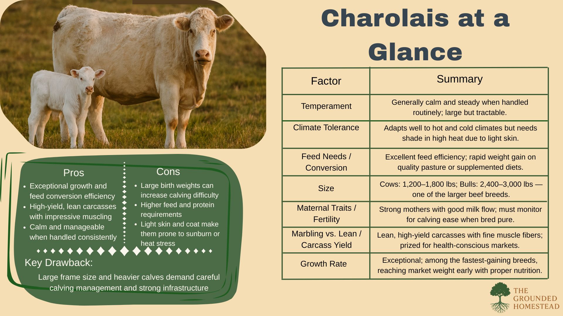 An educational infographic titled “Charolais at a Glance” presents key information about the Charolais cattle breed. The image features a pale cream-colored Charolais cow standing protectively beside her white calf in a golden pasture, under soft evening light. On the left, a green text box highlights the breed’s Pros and Cons: Pros: Exceptional growth and feed conversion efficiency; high-yield, lean carcasses with impressive muscling; calm and manageable when handled consistently. Cons: Large birth weights can increase calving difficulty; higher feed and protein requirements; light skin and coat make them prone to sunburn or heat stress. The Key Drawback emphasizes: “Large frame size and heavier calves demand careful calving management and strong infrastructure.” On the right, a beige table with dark green gridlines lists core Factors and Summaries: Temperament: Generally calm and steady when handled routinely; large but tractable. Climate Tolerance: Adapts well to hot and cold climates but needs shade in high heat due to light skin. Feed Needs / Conversion: Excellent feed efficiency; rapid weight gain on quality pasture or supplemented diets. Size: Cows 1,200–1,800 lbs; bulls 2,400–3,000 lbs — one of the larger beef breeds. Maternal Traits / Fertility: Strong mothers with good milk flow; must monitor for calving ease when bred pure. Marbling vs. Lean / Carcass Yield: Lean, high-yield carcasses with fine muscle fibers; prized for health-conscious markets. Growth Rate: Exceptional; among the fastest-gaining breeds, reaching market weight early with proper nutrition. The Grounded Homestead logo appears at the bottom-right corner. An educational infographic titled “Charolais at a Glance” presents key information about the Charolais cattle breed. The image features a pale cream-colored Charolais cow standing protectively beside her white calf in a golden pasture, under soft evening light. On the left, a green text box highlights the breed’s Pros and Cons: Pros: Exceptional growth and feed conversion efficiency; high-yield, lean carcasses with impressive muscling; calm and manageable when handled consistently. Cons: Large birth weights can increase calving difficulty; higher feed and protein requirements; light skin and coat make them prone to sunburn or heat stress. The Key Drawback emphasizes: “Large frame size and heavier calves demand careful calving management and strong infrastructure.” On the right, a beige table with dark green gridlines lists core Factors and Summaries: Temperament: Generally calm and steady when handled routinely; large but tractable. Climate Tolerance: Adapts well to hot and cold climates but needs shade in high heat due to light skin. Feed Needs / Conversion: Excellent feed efficiency; rapid weight gain on quality pasture or supplemented diets. Size: Cows 1,200–1,800 lbs; bulls 2,400–3,000 lbs — one of the larger beef breeds. Maternal Traits / Fertility: Strong mothers with good milk flow; must monitor for calving ease when bred pure. Marbling vs. Lean / Carcass Yield: Lean, high-yield carcasses with fine muscle fibers; prized for health-conscious markets. Growth Rate: Exceptional; among the fastest-gaining breeds, reaching market weight early with proper nutrition. The Grounded Homestead logo appears at the bottom-right corner.