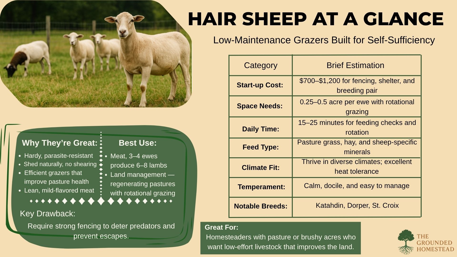 A “Hair Sheep at a Glance” infographic with Katahdin and Dorper sheep grazing in a green fenced pasture. Highlights include natural shedding, parasite resistance, and meat yield from 6–8 lambs per year. The table lists startup costs, grazing needs, and calm temperament traits. A “Hair Sheep at a Glance” infographic with Katahdin and Dorper sheep grazing in a green fenced pasture. Highlights include natural shedding, parasite resistance, and meat yield from 6–8 lambs per year. The table lists startup costs, grazing needs, and calm temperament traits.