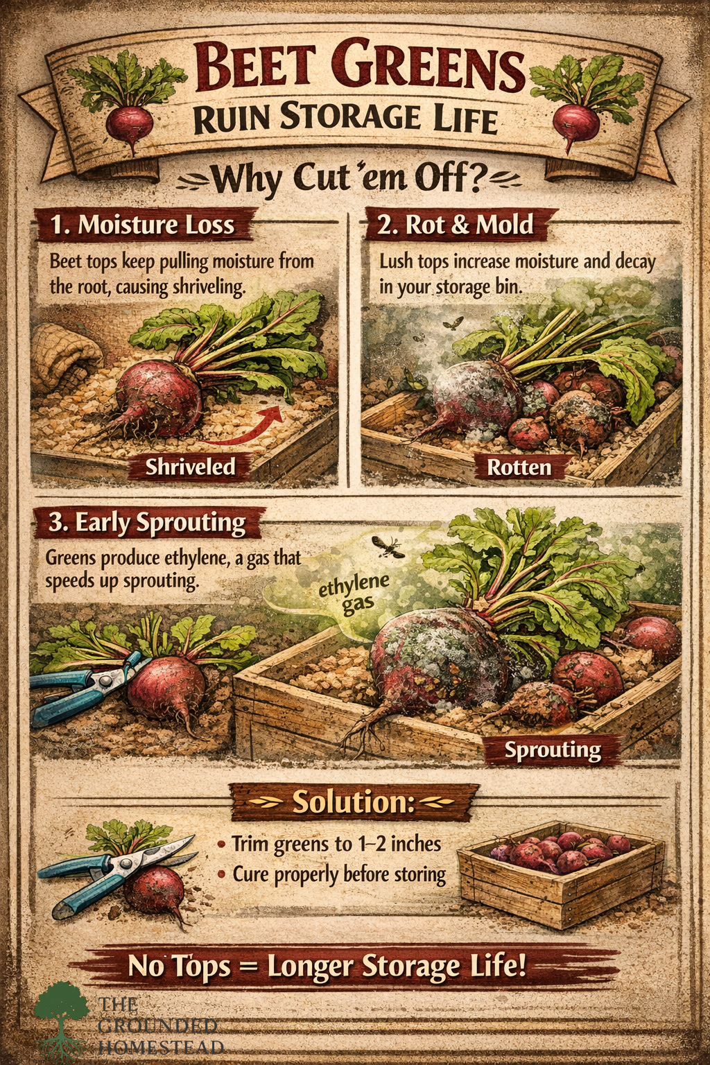 Vintage-style infographic titled "Beet Greens Ruin Storage Life" showing how leaving beet tops on causes shriveling, rot, and early sprouting. Includes illustrations of spoiled beets with tops intact and clear visual explanations for moisture loss, ethylene gas, and trimming solutions.