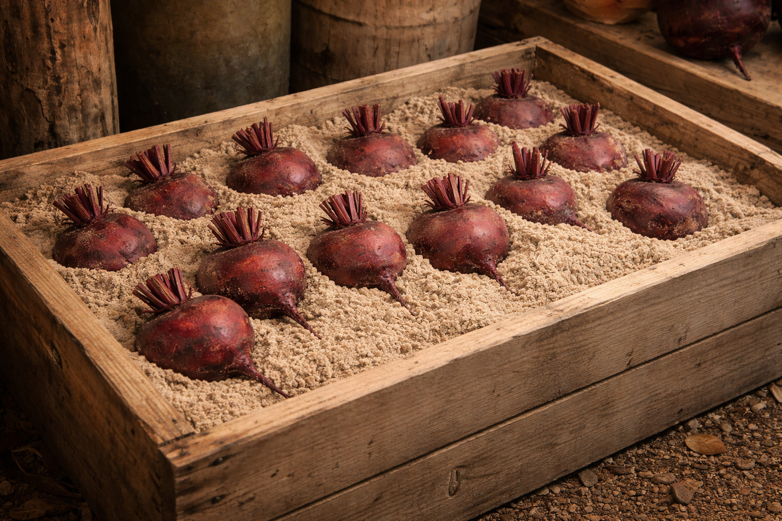 Rustic photo of freshly harvested red beets stored in damp sand inside a wooden crate in a root cellar. The beets are neatly arranged with tops trimmed and partially buried in the sand.