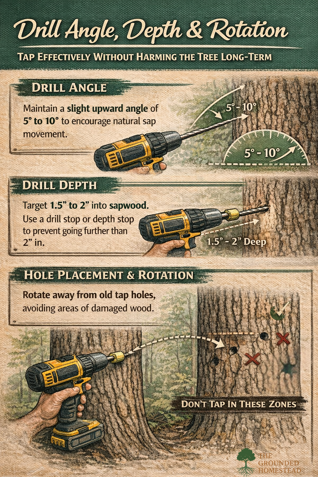 Infographic demonstrating proper maple tree tapping technique, including correct drill angle, ideal drill depth into sapwood, and rotating tap holes away from old wounds to protect tree health.