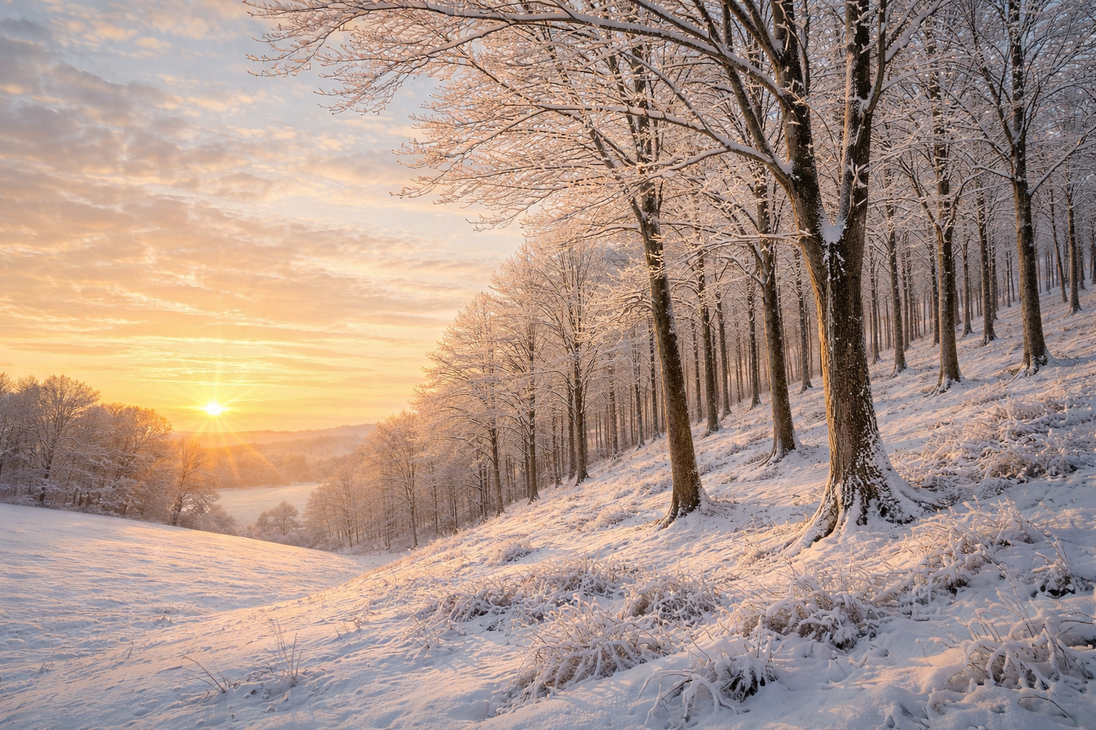 Winter landscape showing a snow-covered open field beside a sloping maple forest at sunrise, illustrating how spacing, slope, and sun exposure influence maple sap flow.