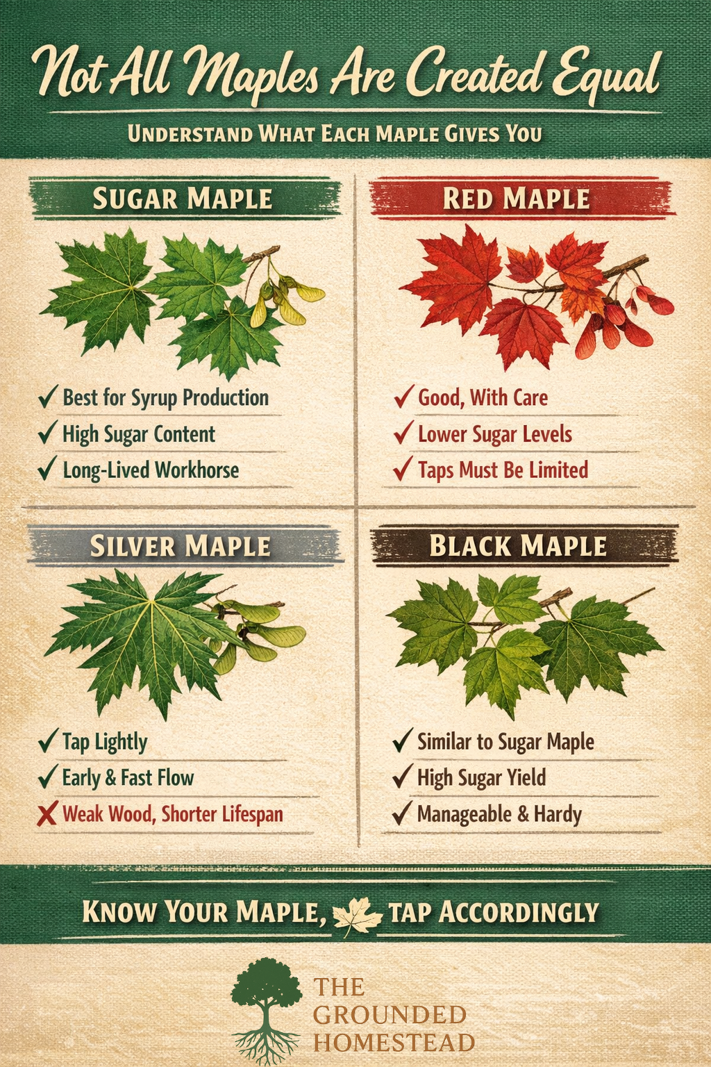 Infographic comparing sugar maple, red maple, silver maple, and black maple, highlighting syrup suitability, sugar content, tapping limits, and long-term tree health considerations.