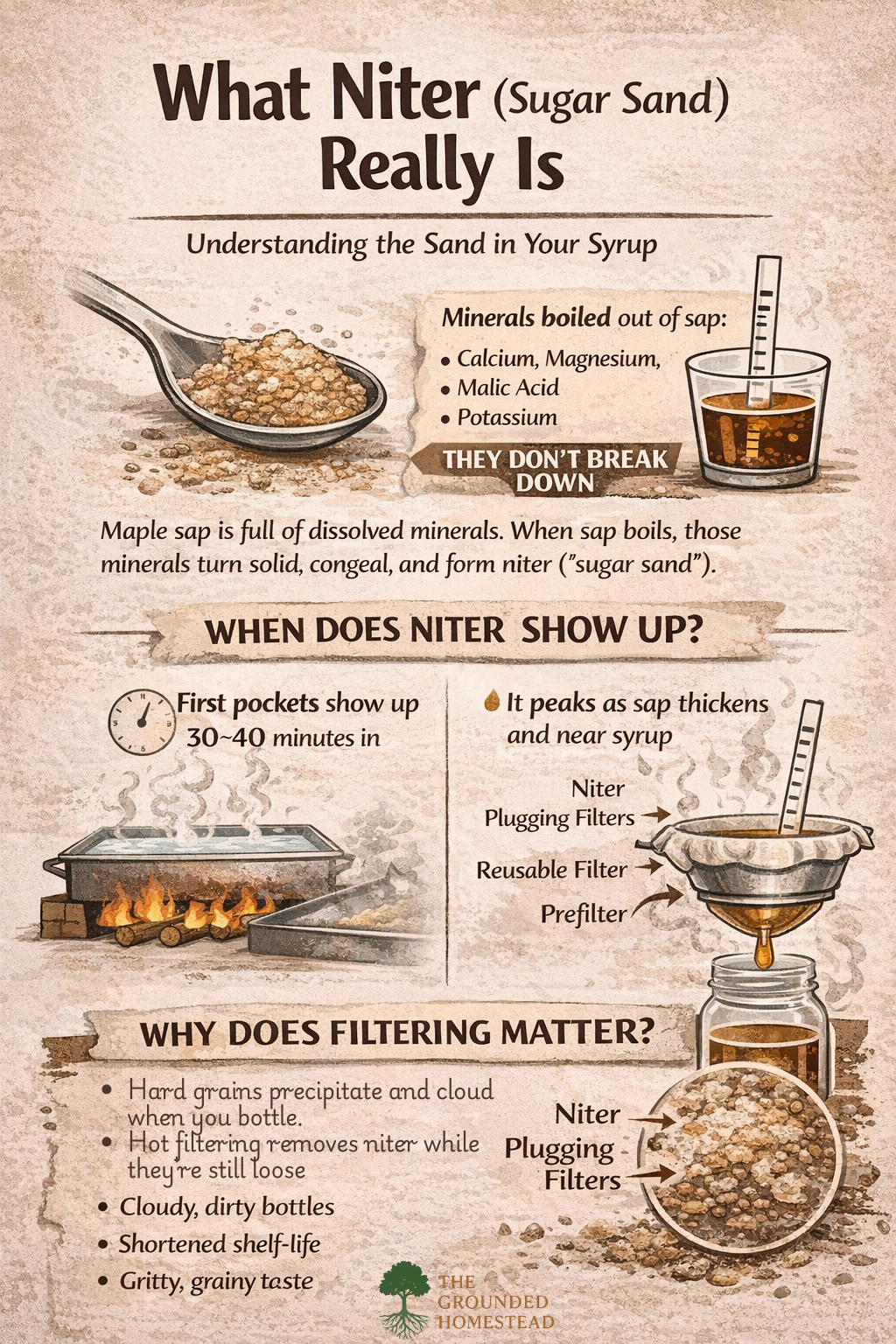 Infographic explaining what niter or sugar sand is in maple syrup, how minerals precipitate during boiling, when niter appears, and why hot filtering is important for clarity, flavor, and shelf life.