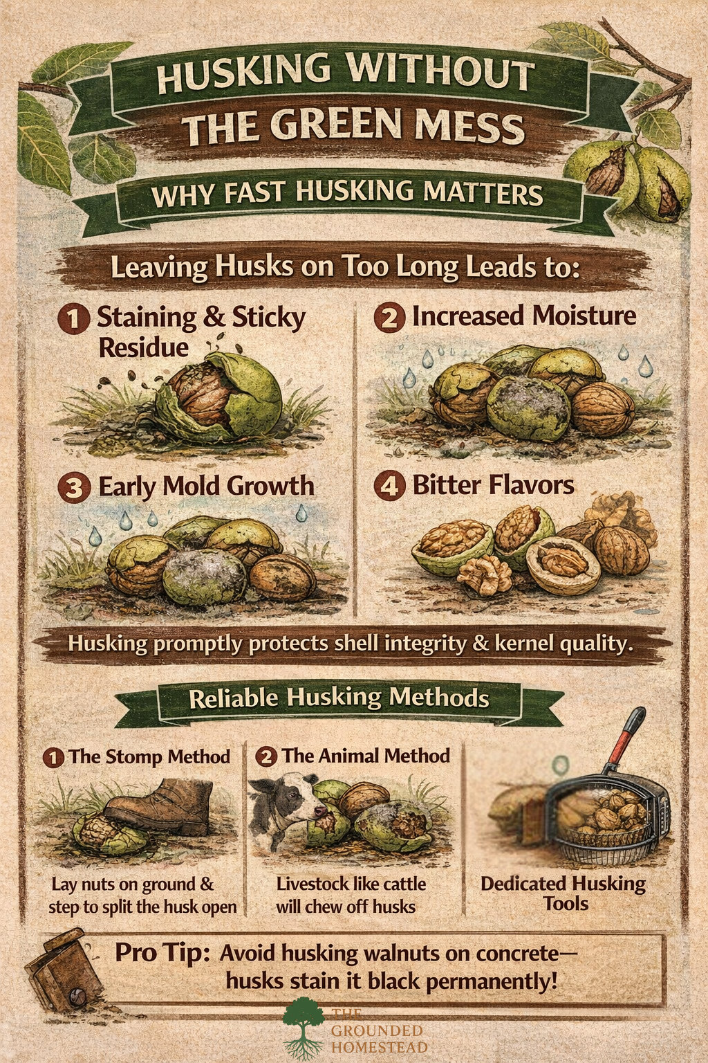 Infographic highlighting common walnut harvesting and curing mistakes, including waiting too long to collect, husking too late, skipping washing, rushing drying, and curing walnuts in hot sunny locations that damage kernel quality. Infographic highlighting common walnut harvesting and curing mistakes, including waiting too long to collect, husking too late, skipping washing, rushing drying, and curing walnuts in hot sunny locations that damage kernel quality.