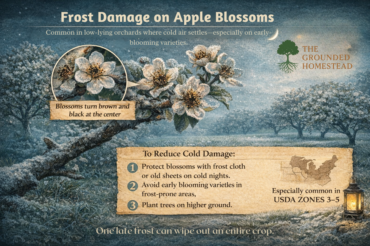 Realistic illustration of apple blossoms damaged by frost, with close-up showing brown and black centers, labeled as common in low-lying orchards and USDA Zones 3–5, alongside tips for frost protection and orchard placement.