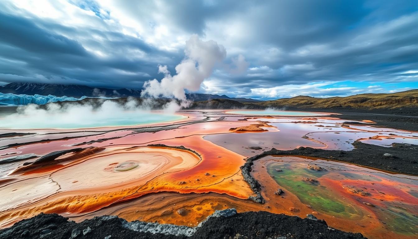 Vibrant geothermal features in Iceland, showcasing bubbling hot springs, steam rising from the ground, colorful mineral deposits, and rugged volcanic landscapes under a dramatic sky, with contrasting icy textures and molten earth Vibrant geothermal features in Iceland, showcasing bubbling hot springs, steam rising from the ground, colorful mineral deposits, and rugged volcanic landscapes under a dramatic sky, with contrasting icy textures and molten earth