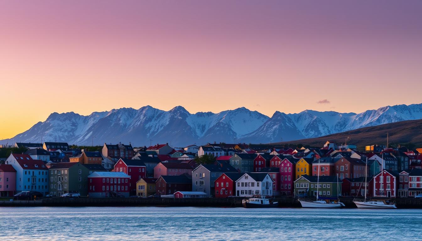 Vibrant Reykjavik city skyline at sunset, showcasing colorful buildings with traditional Icelandic architecture, dramatic mountains in the background, and a clear sky transitioning to twilight, reflecting on the calm waters of the harbour. Vibrant Reykjavik city skyline at sunset, showcasing colorful buildings with traditional Icelandic architecture, dramatic mountains in the background, and a clear sky transitioning to twilight, reflecting on the calm waters of the harbour.