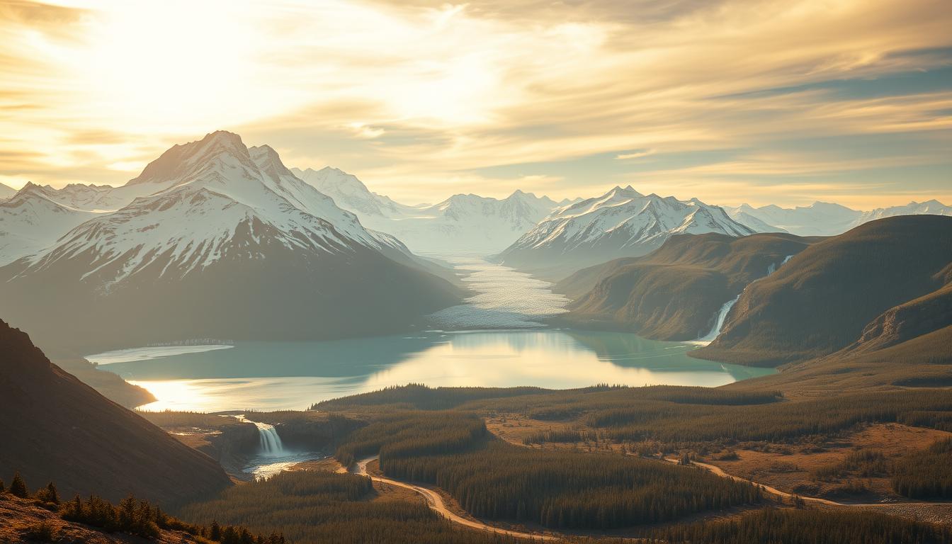 A sweeping Alaskan landscape under a breathtaking, golden-hour sky. In the foreground, towering snow-capped mountains rise majestically, their jagged peaks reflecting the warm, ethereal light. In the middle ground, a pristine glacial lake shimmers, its crystal-clear waters mirroring the surrounding peaks. Cascading waterfalls tumble down the mountainsides, their icy waters feeding the lake. In the distance, dense boreal forests stretch out, blanketing the rolling hills. The overall scene conveys a sense of rugged, untamed wilderness, evoking the profound beauty and timeless wonder of Alaska, the "Last Frontier." A sweeping Alaskan landscape under a breathtaking, golden-hour sky. In the foreground, towering snow-capped mountains rise majestically, their jagged peaks reflecting the warm, ethereal light. In the middle ground, a pristine glacial lake shimmers, its crystal-clear waters mirroring the surrounding peaks. Cascading waterfalls tumble down the mountainsides, their icy waters feeding the lake. In the distance, dense boreal forests stretch out, blanketing the rolling hills. The overall scene conveys a sense of rugged, untamed wilderness, evoking the profound beauty and timeless wonder of Alaska, the "Last Frontier."