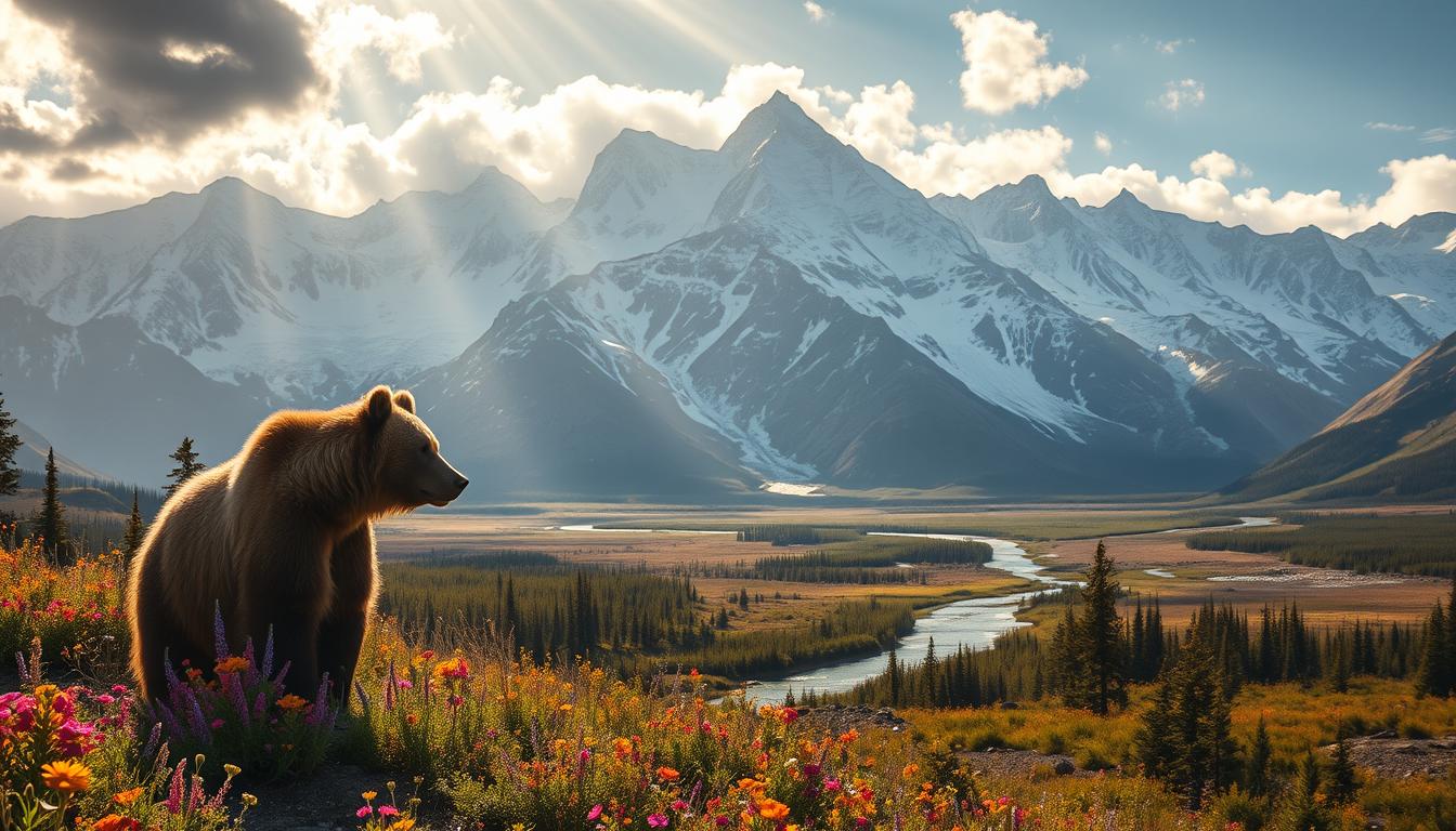 A vast, untamed wilderness of snow-capped peaks, glacial lakes, and lush boreal forests. In the foreground, a majestic grizzly bear stands amid a riot of wildflowers, its powerful frame silhouetted against the dramatic backdrop of a towering mountain range. Rays of golden light filter through wispy clouds, casting a warm glow over the scene. In the middle ground, a crystal-clear stream meanders through the valley, its waters reflecting the rugged terrain. The background is dominated by a seemingly endless expanse of rugged, jagged peaks, their jagged edges cutting into the sky. An atmosphere of awe-inspiring beauty, rugged adventure, and the untamed spirit of the great North. A vast, untamed wilderness of snow-capped peaks, glacial lakes, and lush boreal forests. In the foreground, a majestic grizzly bear stands amid a riot of wildflowers, its powerful frame silhouetted against the dramatic backdrop of a towering mountain range. Rays of golden light filter through wispy clouds, casting a warm glow over the scene. In the middle ground, a crystal-clear stream meanders through the valley, its waters reflecting the rugged terrain. The background is dominated by a seemingly endless expanse of rugged, jagged peaks, their jagged edges cutting into the sky. An atmosphere of awe-inspiring beauty, rugged adventure, and the untamed spirit of the great North.