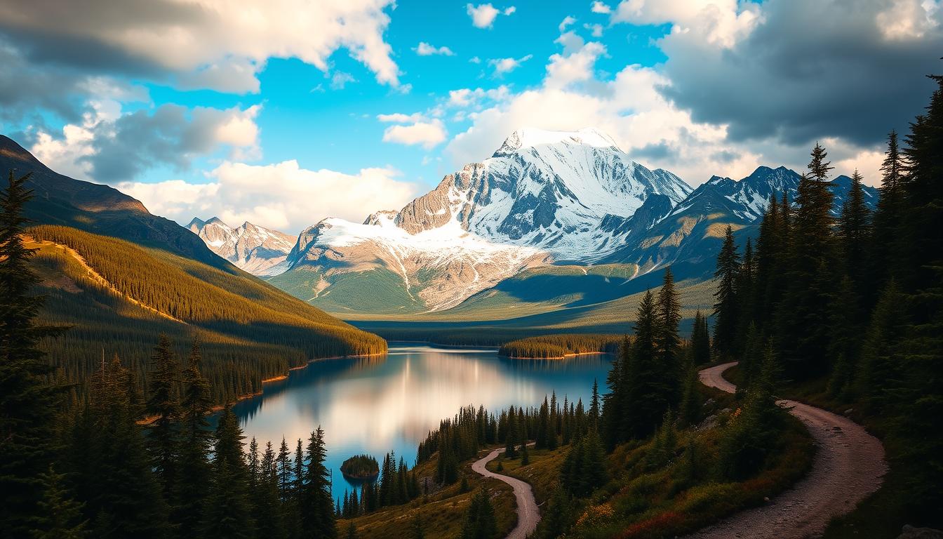 A sweeping vista of Denali National Park, the majestic mountain towering in the distance under a dramatic sky. In the foreground, a pristine alpine lake reflects the rugged peaks, its crystal-clear waters shimmering in the warm afternoon light. Lush evergreen forests line the shores, their verdant hues contrasting with the snow-capped summits. A winding trail meanders through the landscape, inviting the viewer to explore this awe-inspiring wilderness. The overall scene conveys a sense of serene grandeur, capturing the essence of Alaska's untamed natural beauty. A sweeping vista of Denali National Park, the majestic mountain towering in the distance under a dramatic sky. In the foreground, a pristine alpine lake reflects the rugged peaks, its crystal-clear waters shimmering in the warm afternoon light. Lush evergreen forests line the shores, their verdant hues contrasting with the snow-capped summits. A winding trail meanders through the landscape, inviting the viewer to explore this awe-inspiring wilderness. The overall scene conveys a sense of serene grandeur, capturing the essence of Alaska's untamed natural beauty.