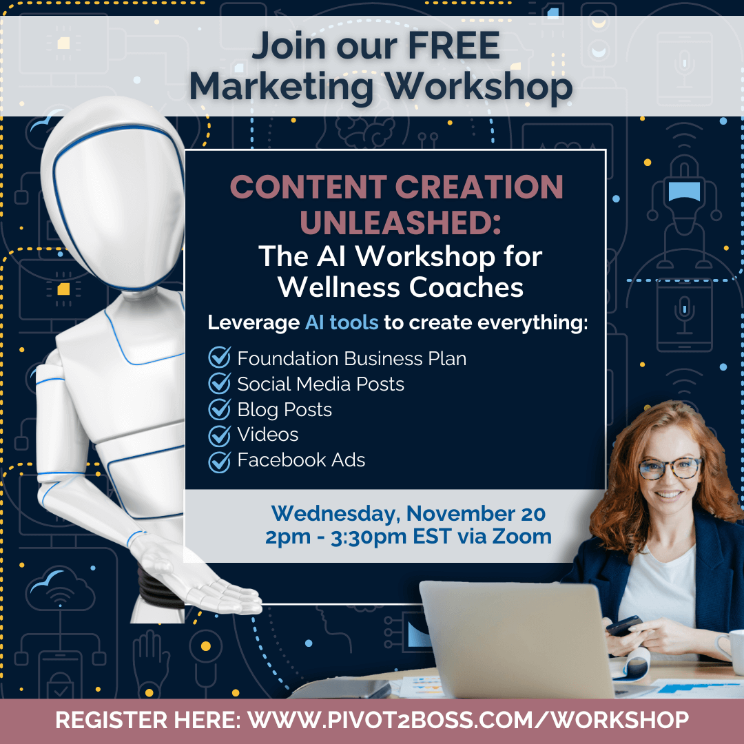 Promotional banner for a free workshop teaching AI tools for wellness coaches to streamline content creation. Promotional banner for a free workshop teaching AI tools for wellness coaches to streamline content creation.