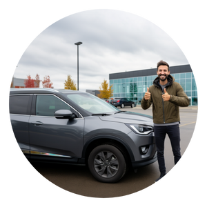 A happy man standing in front of his new SUV, giving a thumbs up