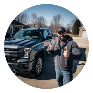 A photo of a happy man giving thumbs up standing in front of his new pick up truck
