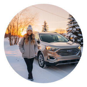 A woman smiling while standing in front of her new Ford SUV in the winter