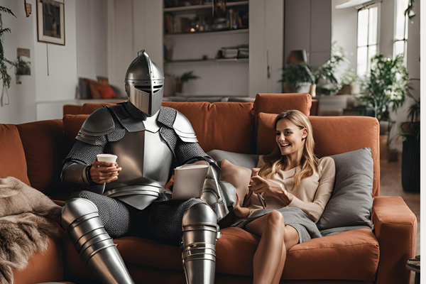 Knight on sofa with modern woman