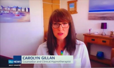 Carolyn Gillan Counsellor and Hypnotherapist being interviewed on ITV News West Country Carolyn Gillan Counsellor and Hypnotherapist being interviewed on ITV News West Country