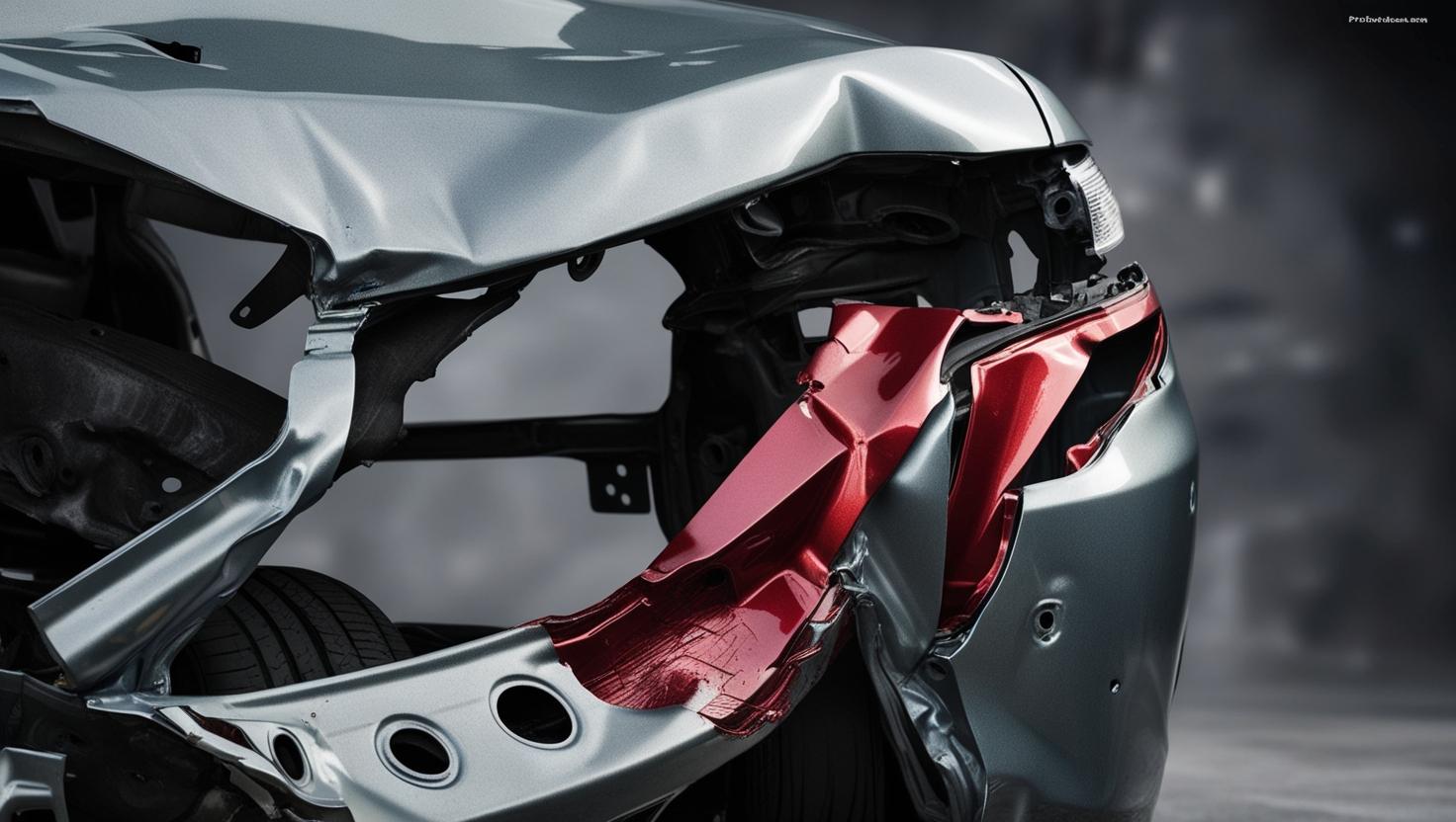  A close-up of a bent car frame after an accident.