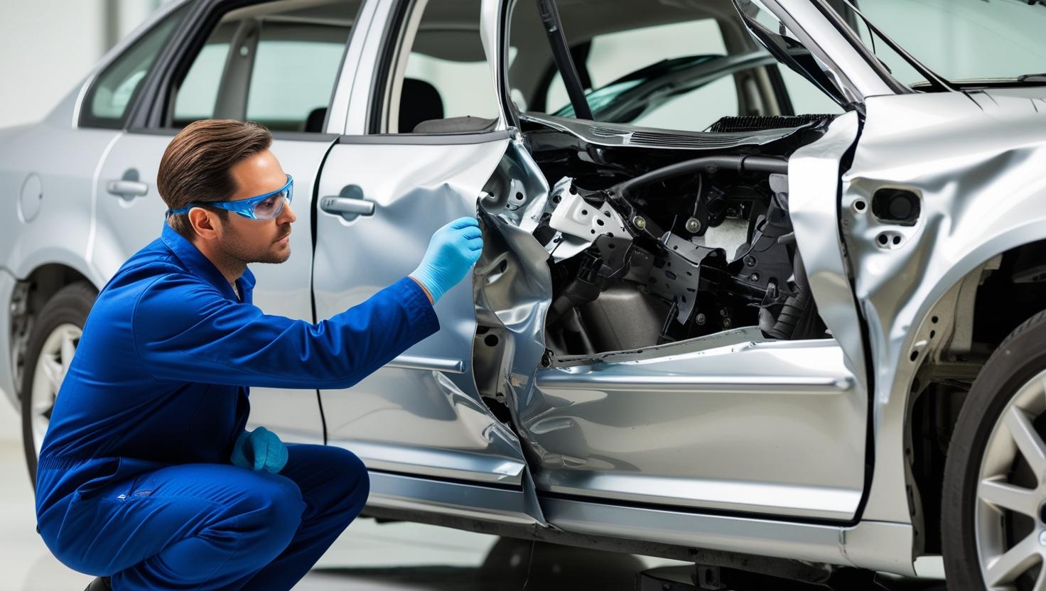  A close-up of a misaligned car frame after a collision.