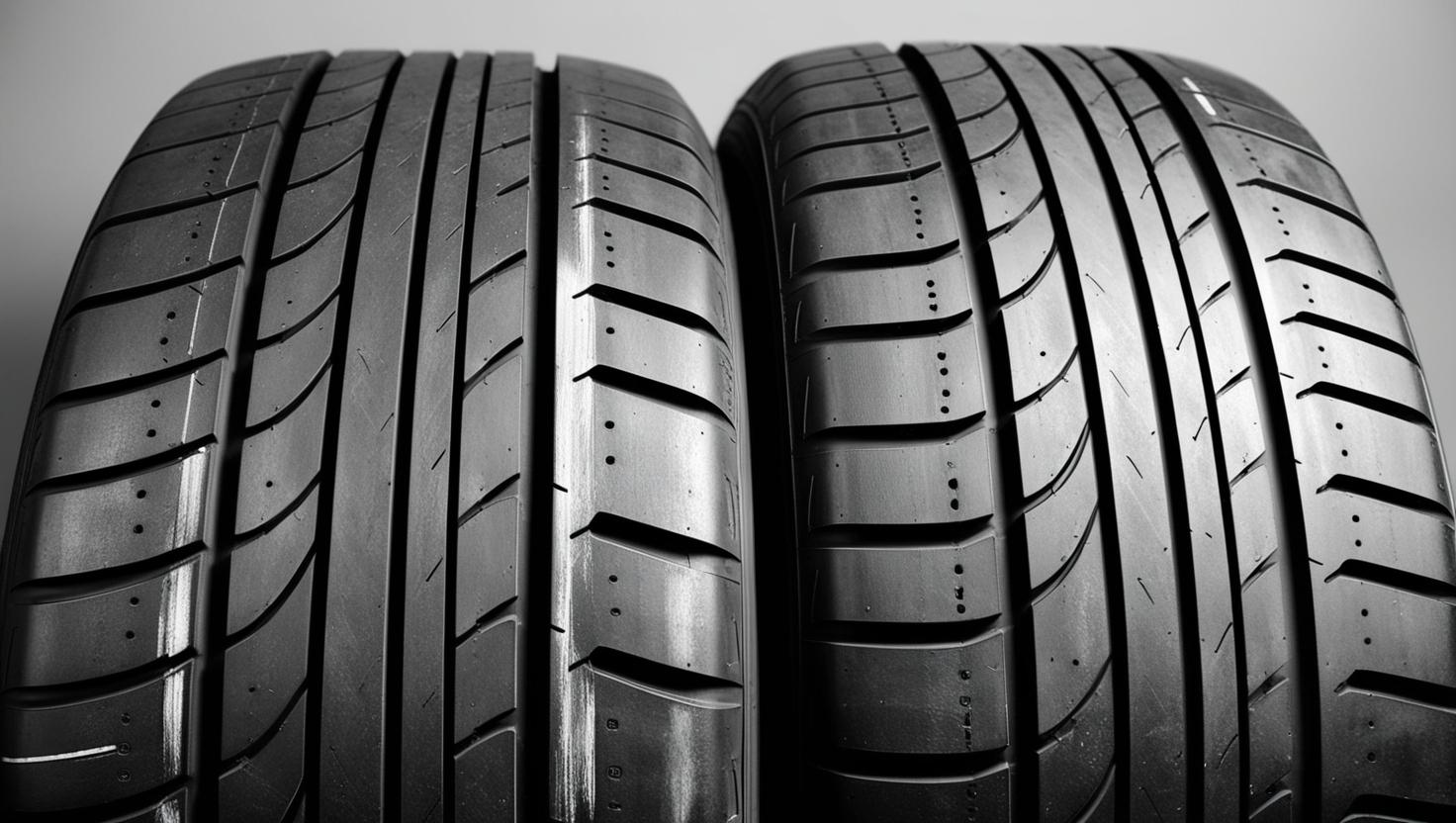  A close-up of tires showing uneven wear due to misalignment.