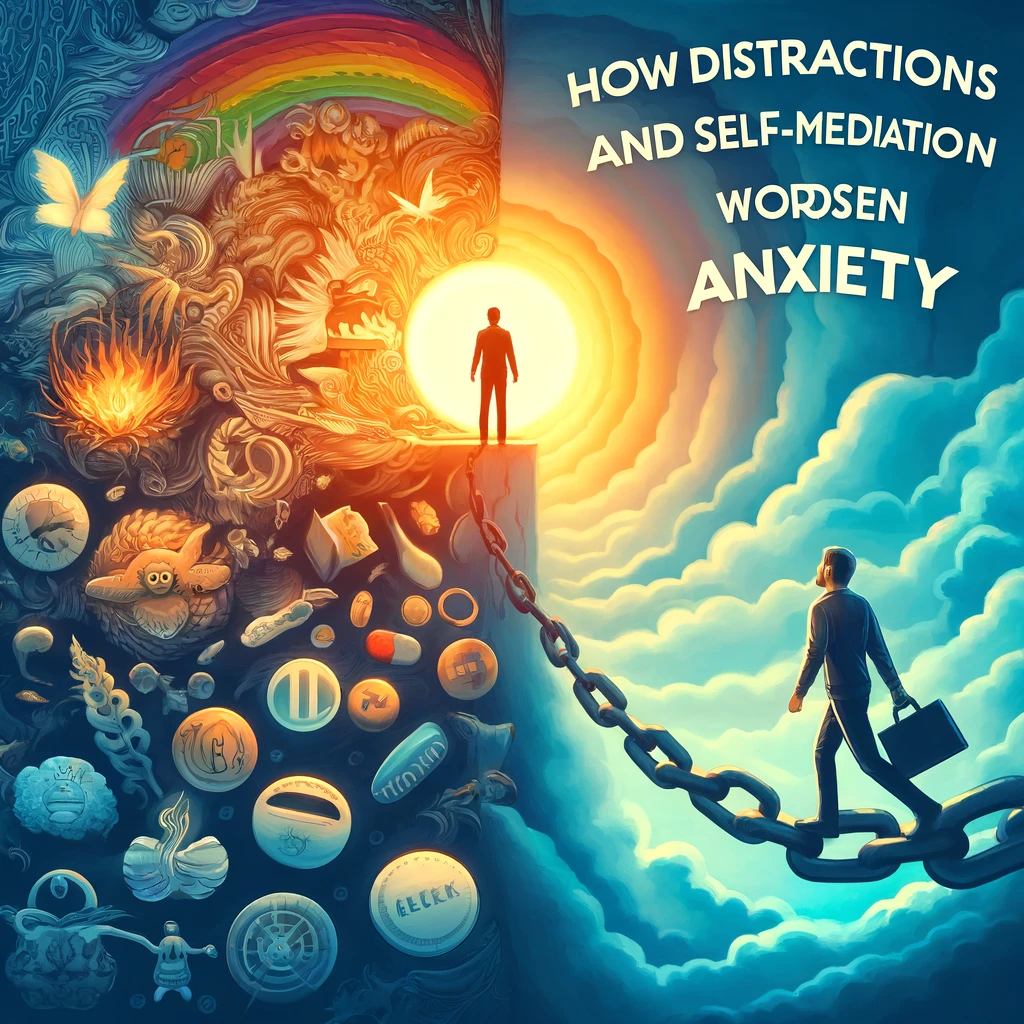 Illustration of a person breaking free from chains, symbolizing overcoming anxiety without distractions or self-medication