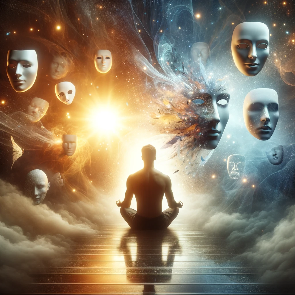 A serene visualization of self-discovery through hypnosis, depicting a journey of shedding personas to uncover one's authentic self, with ethereal light guiding the path and symbolic masks fading into the background