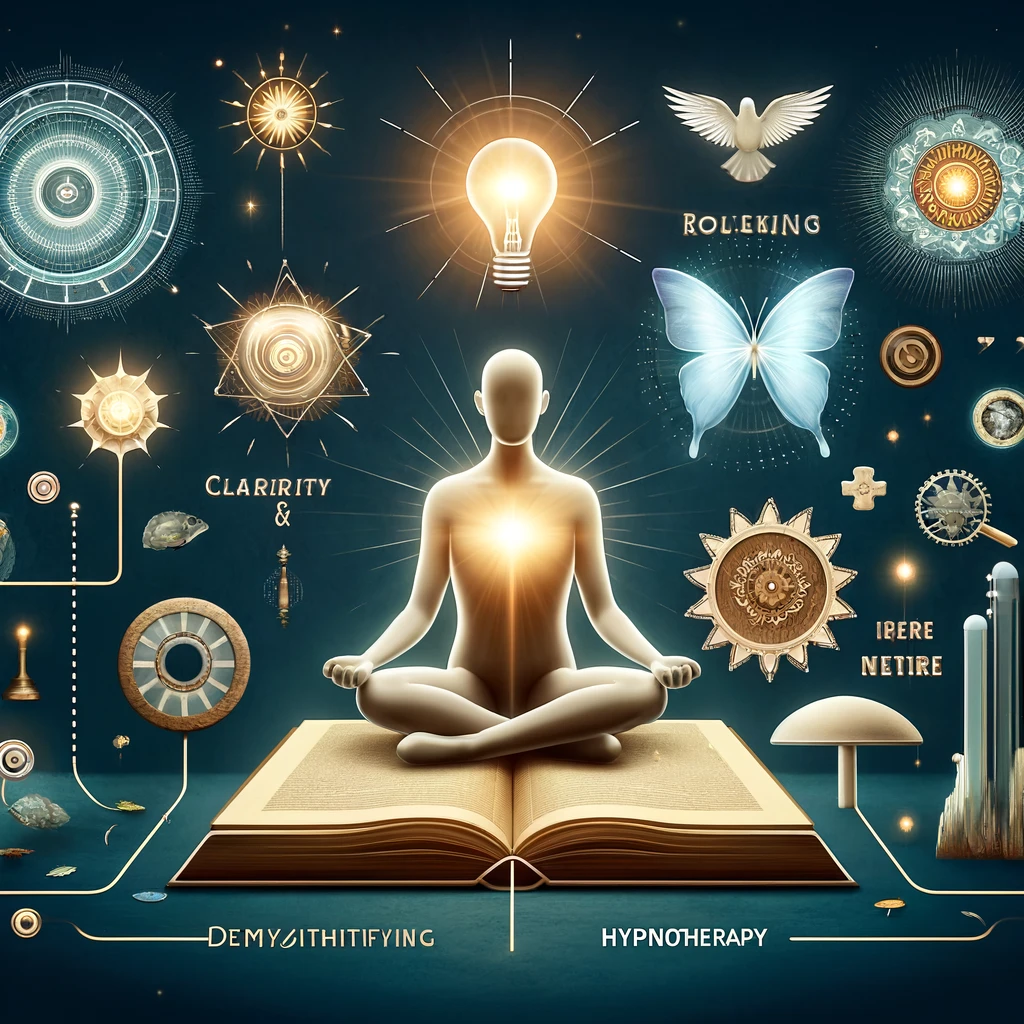 An illustration depicting the journey of understanding hypnotherapy, with a relaxed figure surrounded by symbols of clarity and insight, such as light bulbs and puzzle pieces, emphasizing the enlightenment and dispelling of myths surrounding hypnotherapy
