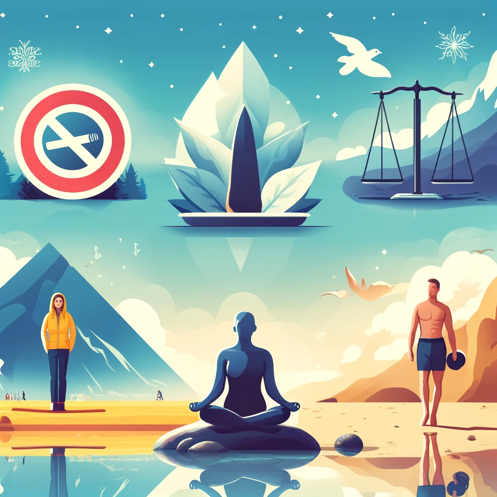 An engaging visual depicting various aspects of hypnotherapy, including symbols for smoking cessation, weight loss, stress reduction, overcoming fears, and performance enhancement, set against a serene and colorful background
