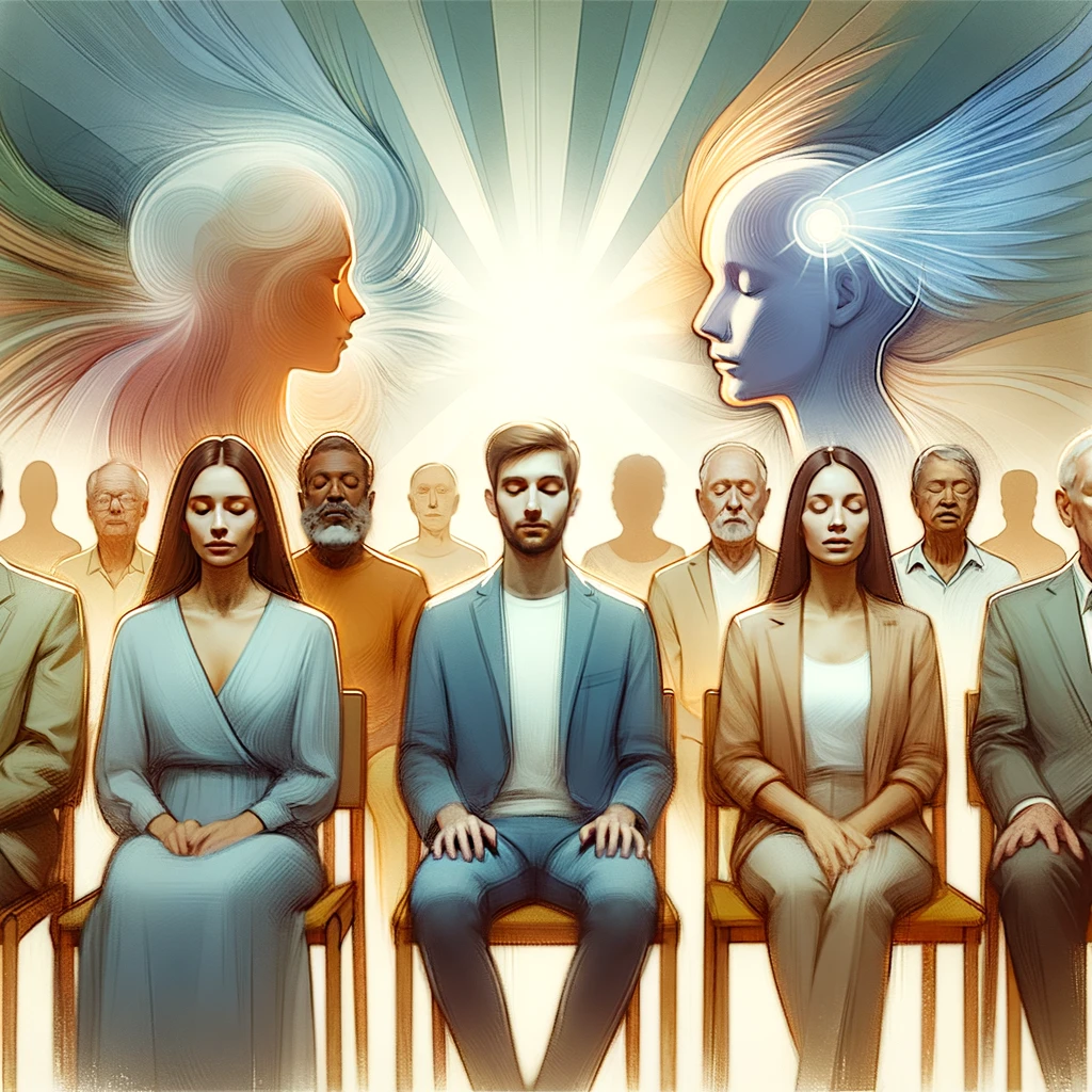 Serene depiction of a diverse group in a hypnotherapy session, illustrating varied responses to the therapy with soft colors and gentle lighting, emphasizing the uniqueness of individual experiences.