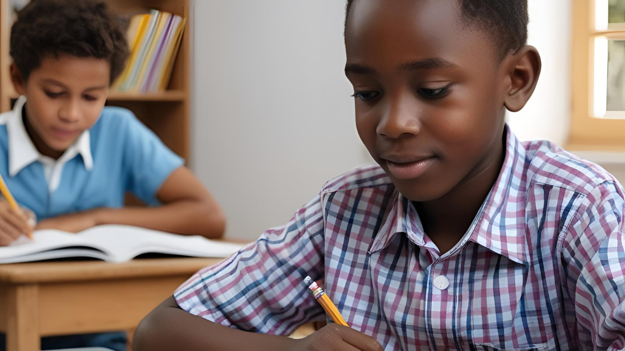 An African child studying for the INVALSI exam in Italy, writing in a notebook with a laptop and school books nearby. An African child studying for the INVALSI exam in Italy, writing in a notebook with a laptop and school books nearby.