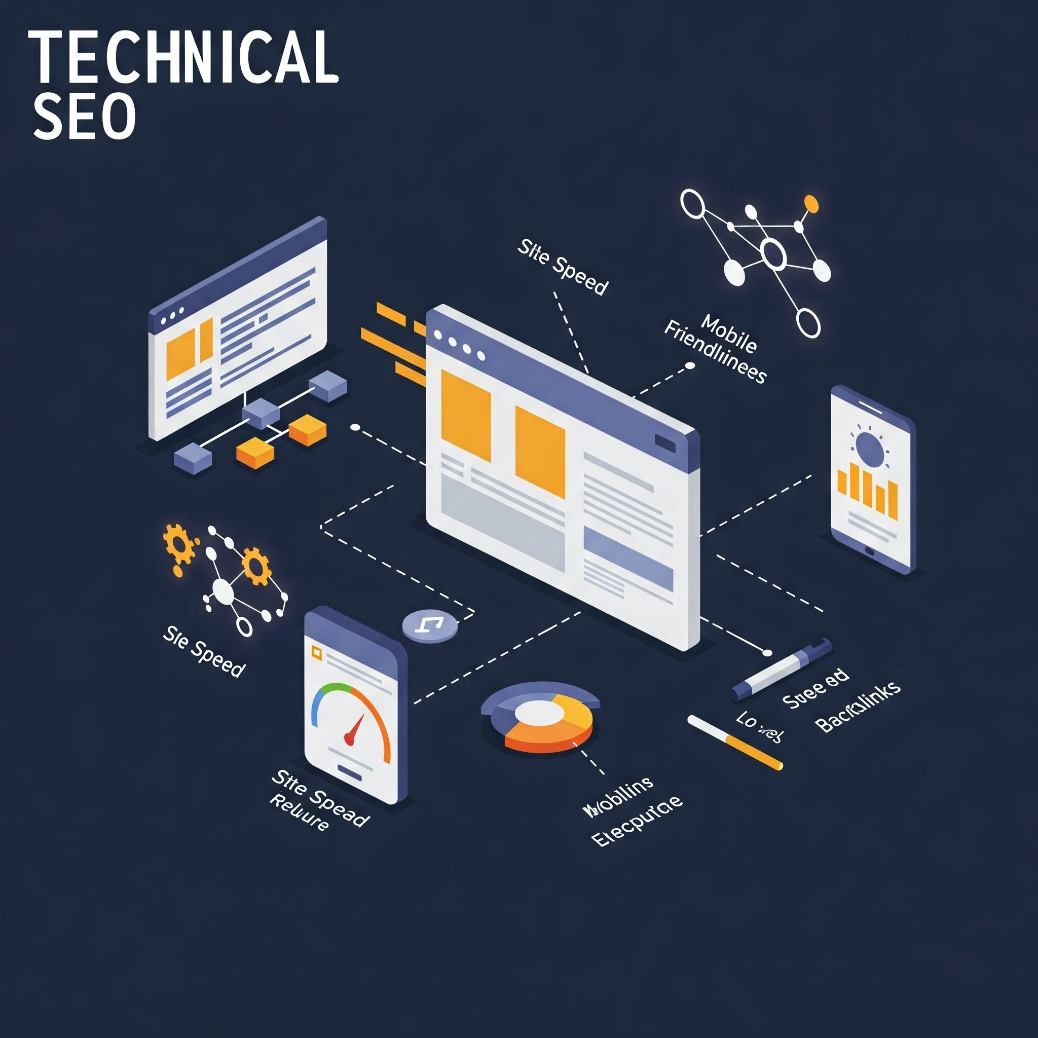 Technical SEO blog post image: website structure, site speed optimization, mobile-friendly design, and backlink network Technical SEO blog post image: website structure, site speed optimization, mobile-friendly design, and backlink network