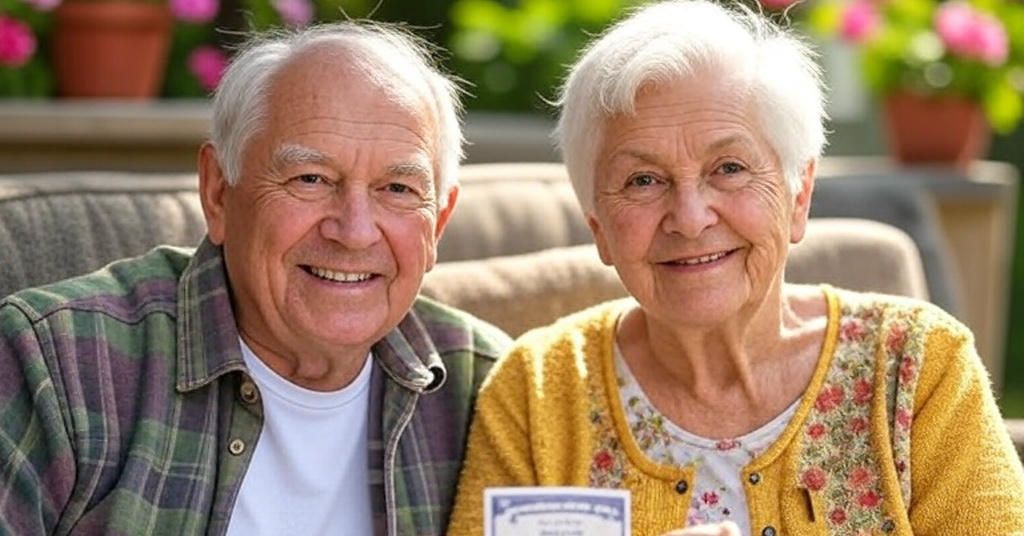Happy senior couple smiling together on couch
