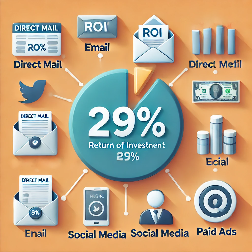 A pie chart comparing the ROI of different marketing channels, highlighting Direct Mail's strong 29% return. A pie chart comparing the ROI of different marketing channels, highlighting Direct Mail's strong 29% return.