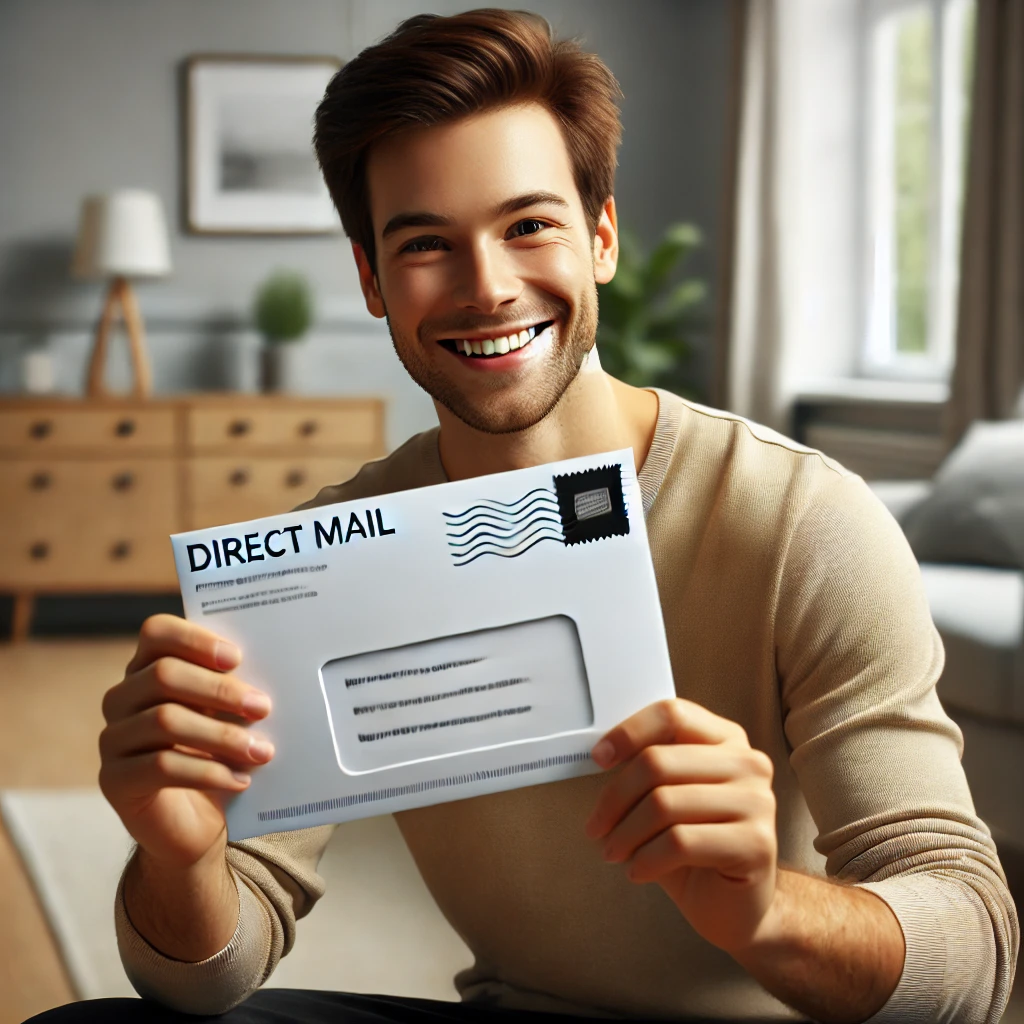 A happy person holding a direct mail postcard, excited to receive it in a cozy home setting. A happy person holding a direct mail postcard, excited to receive it in a cozy home setting.