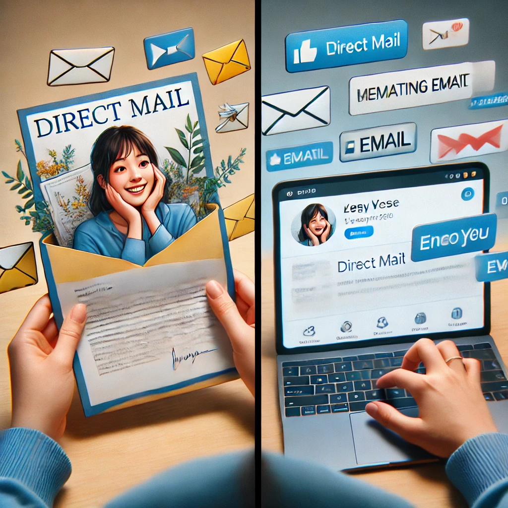 A split-screen showing a person reading a personalized direct mail letter vs. someone scrolling past a cluttered email inbox. A split-screen showing a person reading a personalized direct mail letter vs. someone scrolling past a cluttered email inbox.