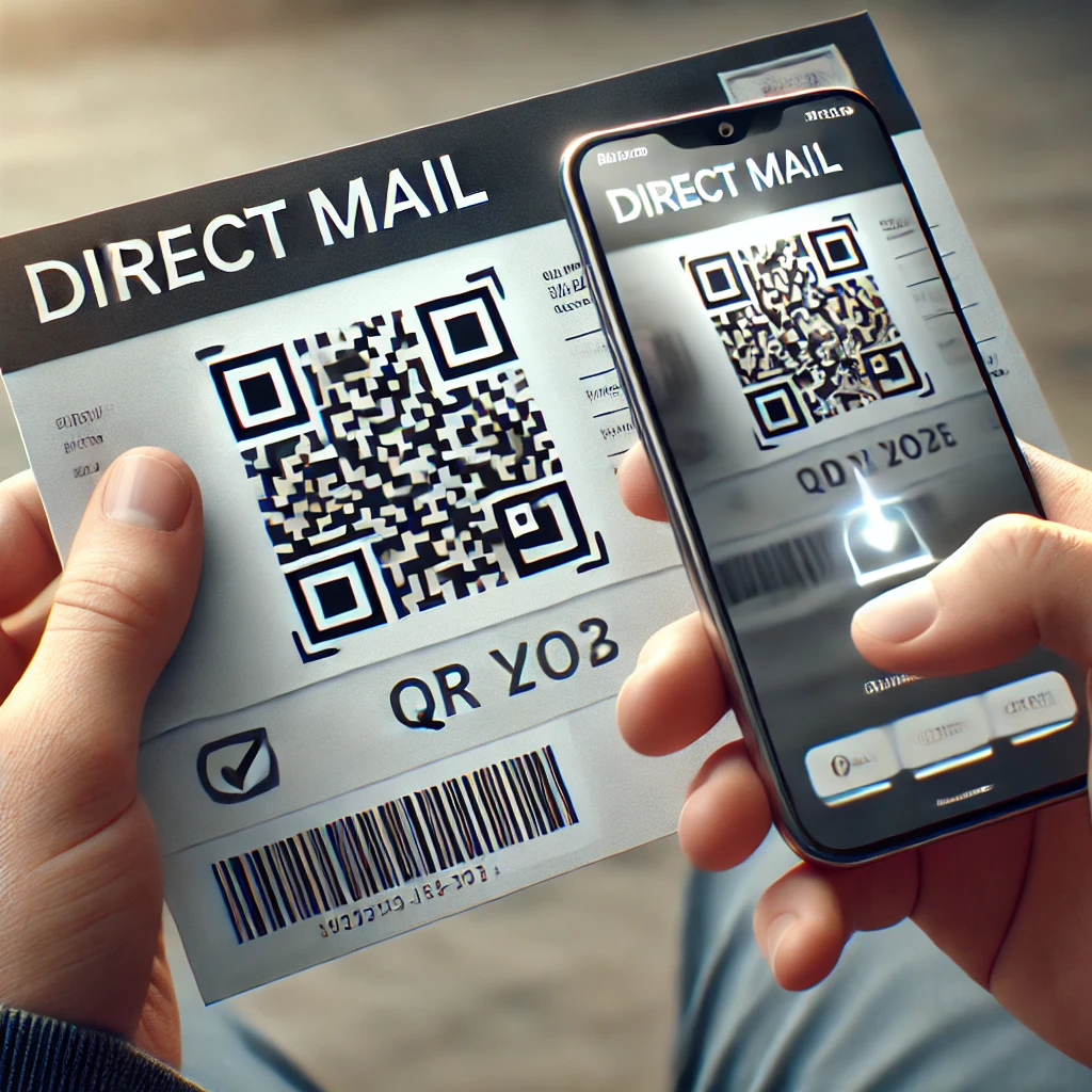 A direct mail postcard with a QR code being scanned by a smartphone, linking physical mail to digital engagement. A direct mail postcard with a QR code being scanned by a smartphone, linking physical mail to digital engagement.