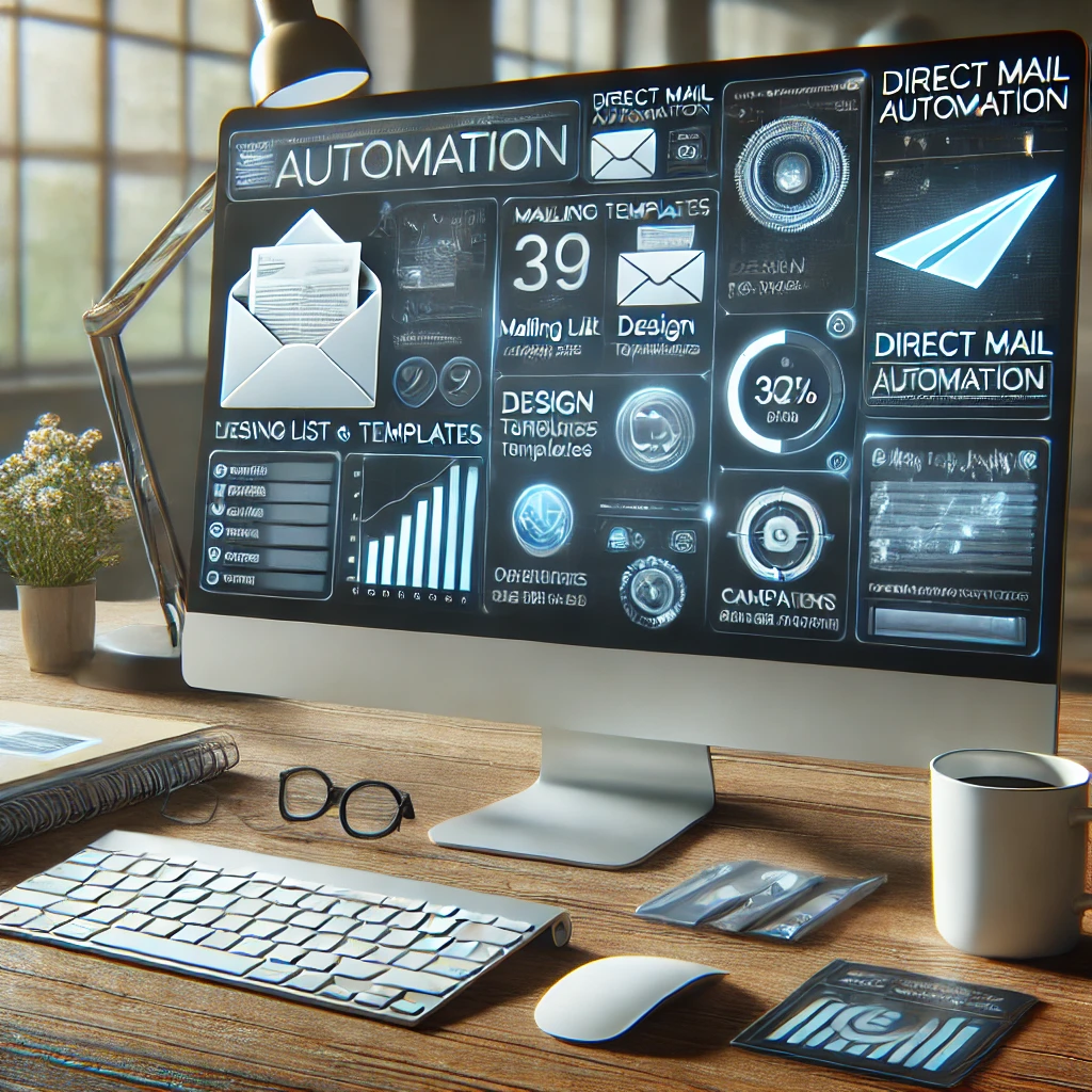 A computer screen displaying a direct mail automation platform, showing mailing lists, design templates, and campaign analytics. A computer screen displaying a direct mail automation platform, showing mailing lists, design templates, and campaign analytics.